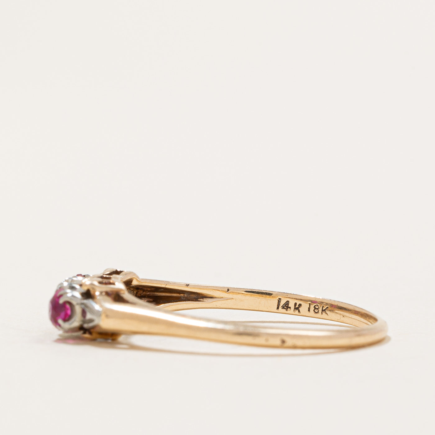 Three Stone Synthetic Ruby & Diamond Ring | 0.24ctw Ruby & 0.07ct Diamond | Size 8.25 | Elegant Engagement, Anniversary, or Gift Jewelry for Women