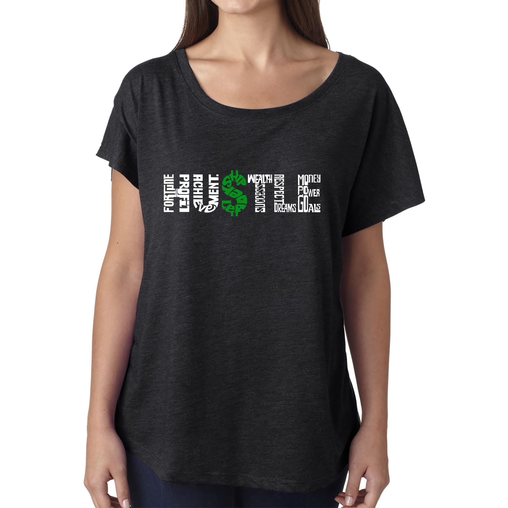 LA POP ART Women's Loose Fit Dolman Sleeve Graphic T-Shirt - Motivational 'Hustle' Print | Casual Streetwear & Workout Top for Everyday Wear