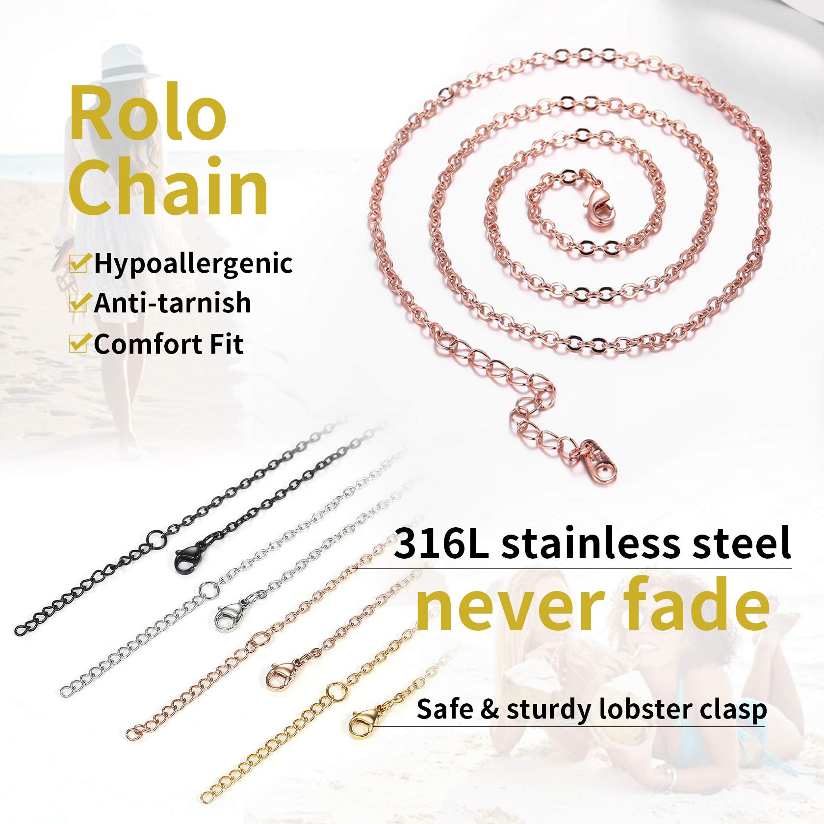 ChainsHouse Thin Rolo Chain Necklaces for Women & Men - 1.4MM/2MM Stainless Steel Cable Chains with 5cm Extender - 14K Gold, Rose Gold & Black Plated Options - 16-30 Inch Adjustable Length - Perfect for Layering, Everyday Wear & Gift Giving