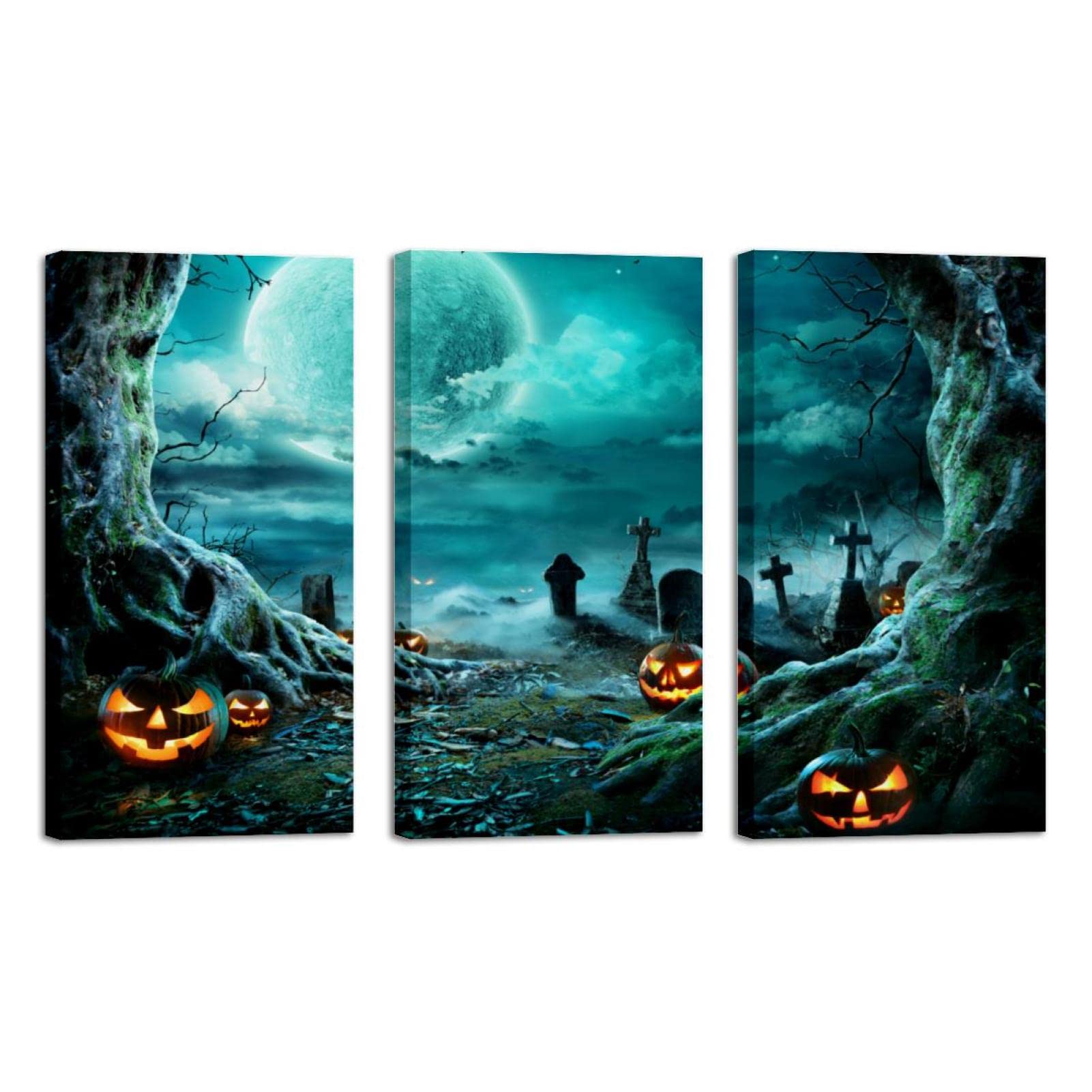 Halloween Jack O' Lantern in Cemetery Oil Painting Wall Art - 16x32 Inch 3-Panel Canvas Print with Frame for Home Decor | Perfect for Living Room, Bedroom & Halloween Party Decoration