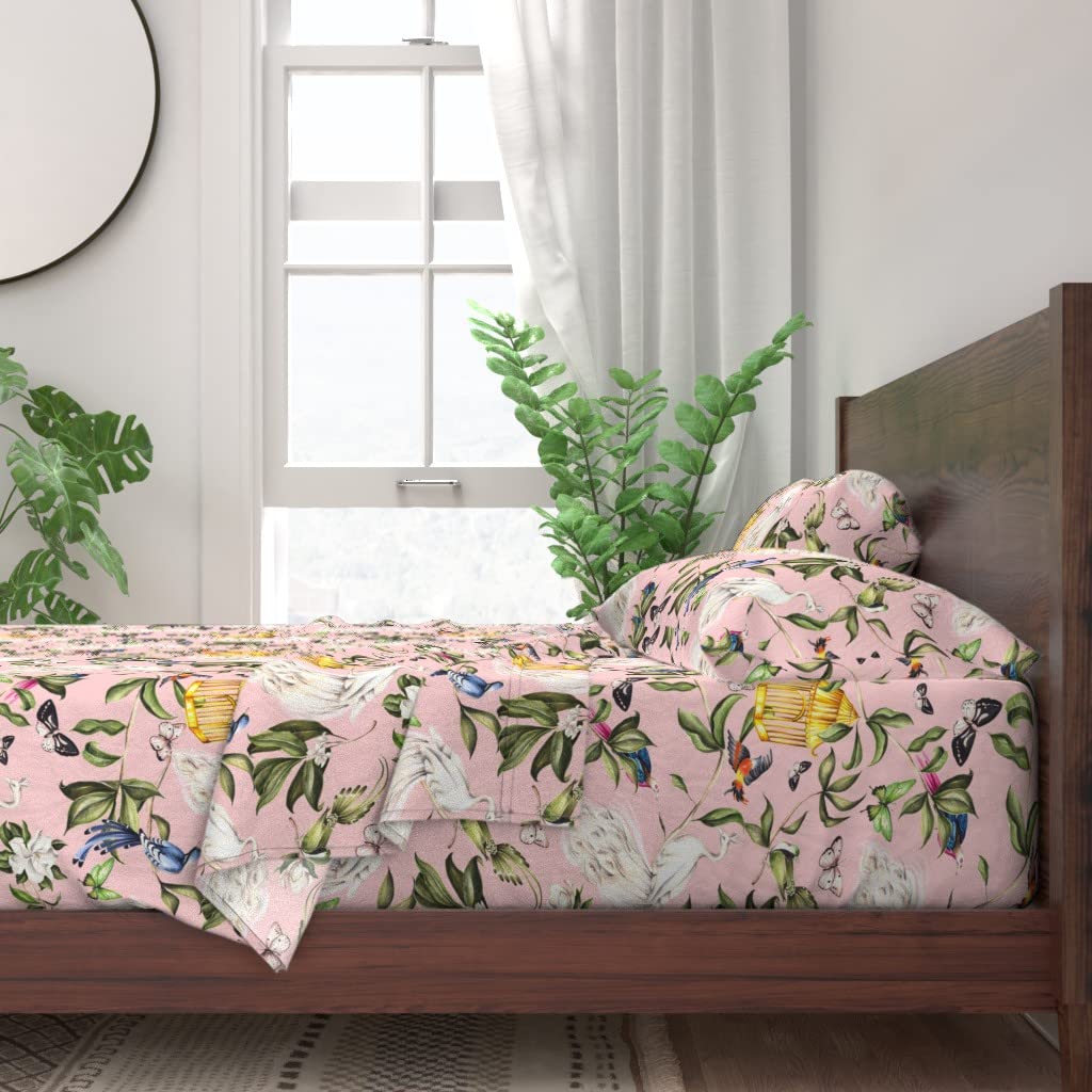 100% Cotton Twin Sheet Set 3pc - Pink Peacock Chinoiserie Vintage Style Green Asian Print Custom Bedding | Soft Breathable Bed Linens for Cozy Sleep & Boho Chic Bedroom Decor