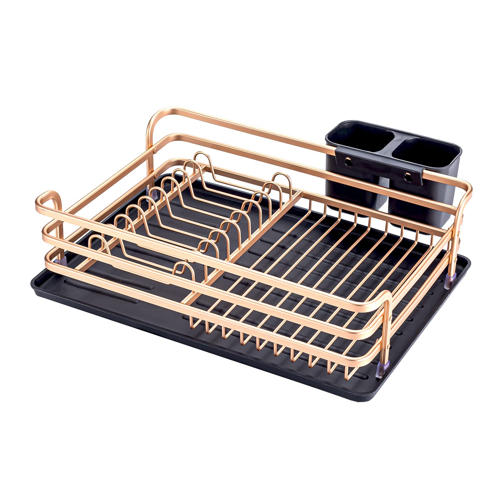 Stainless Steel Dish Drying Rack with Utensil Holder - Space Saving Kitchen Sink Organizer for Plates, Bowls & Cutlery | Perfect for Small Kitchens, Apartments & RVs (Rose Gold)