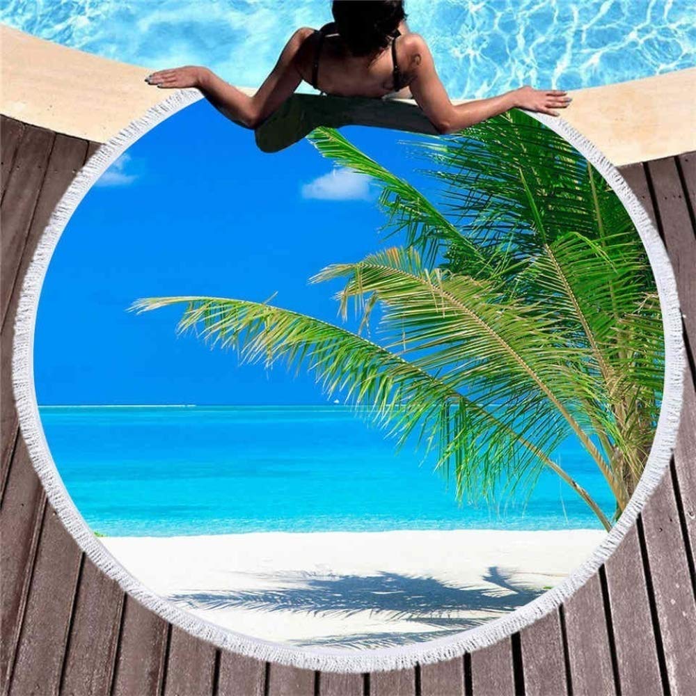 Premium Thick Round Beach Towel - Soft Microfiber Polyester with Tassels, Large Absorbent Bath Towel for Adults & Kids, Tropical Tree Design - Perfect for Beach, Yoga, Picnics & Home Decor