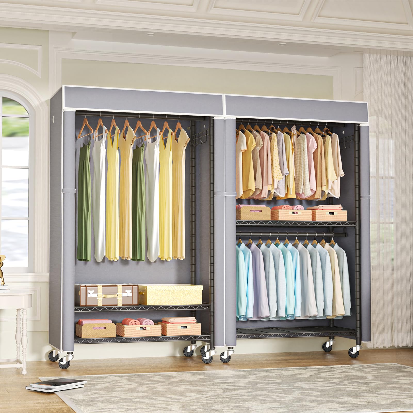 Black Heavy-Duty Rolling Clothing Rack with Grey Cover - 36.2