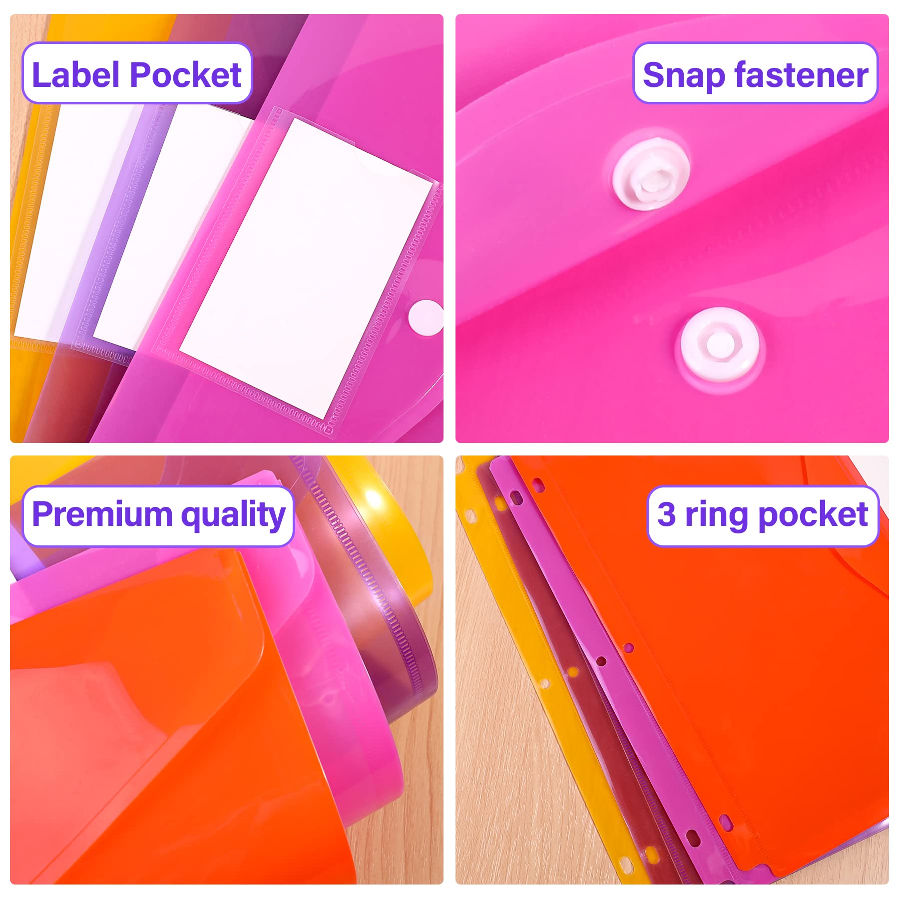 12-Pack Clear Plastic Binder Pockets with Snap Button - Letter Size Poly Envelopes for 3-Ring Binders | School Supplies, Office Organization & Home Filing System | Perfect for Documents, Papers & Homework Assignments