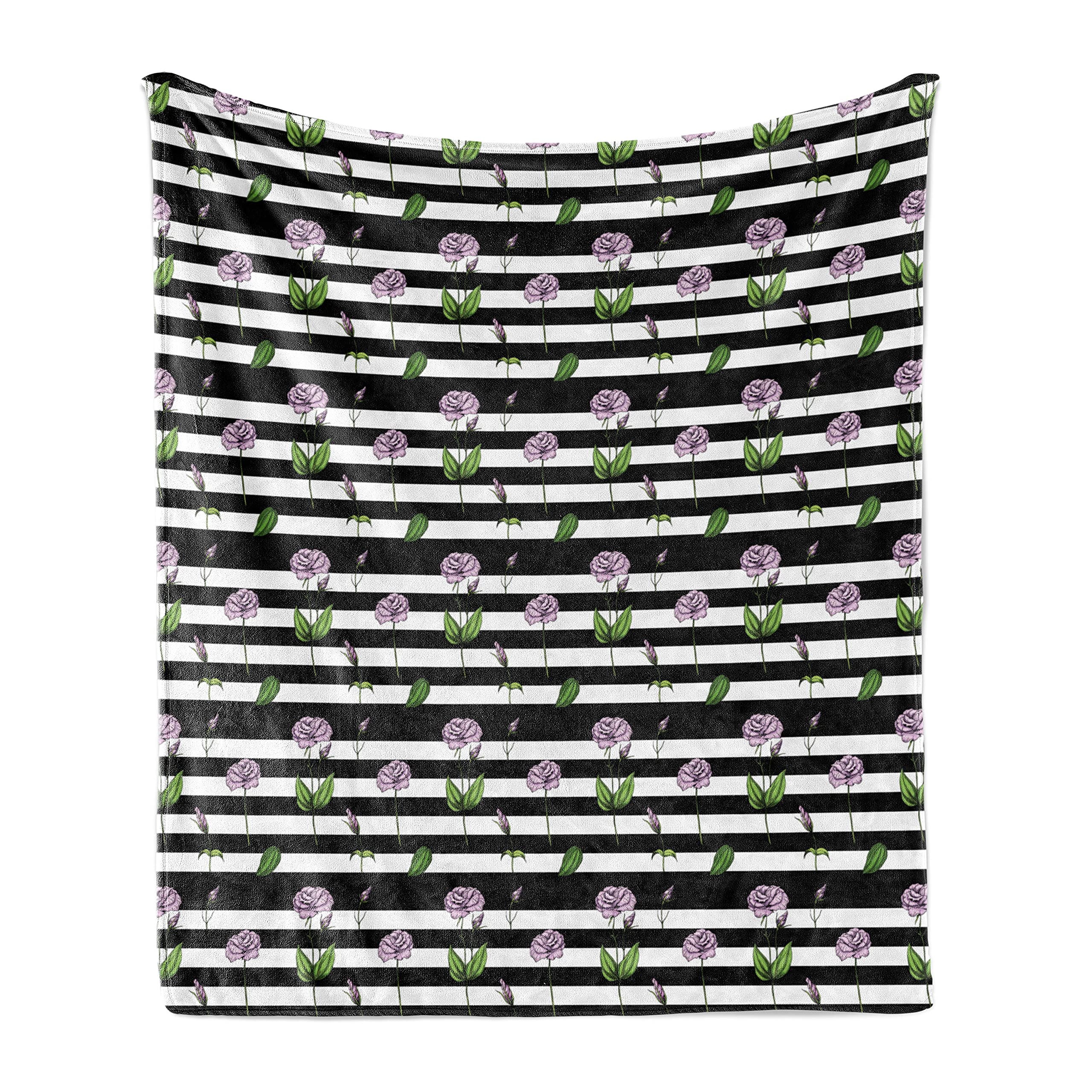 Ambesonne Rose Throw Blanket - Pink Rose Flowers on Black & White Striped Flannel Fleece Blanket, Soft Couch Cover for Adults, 50