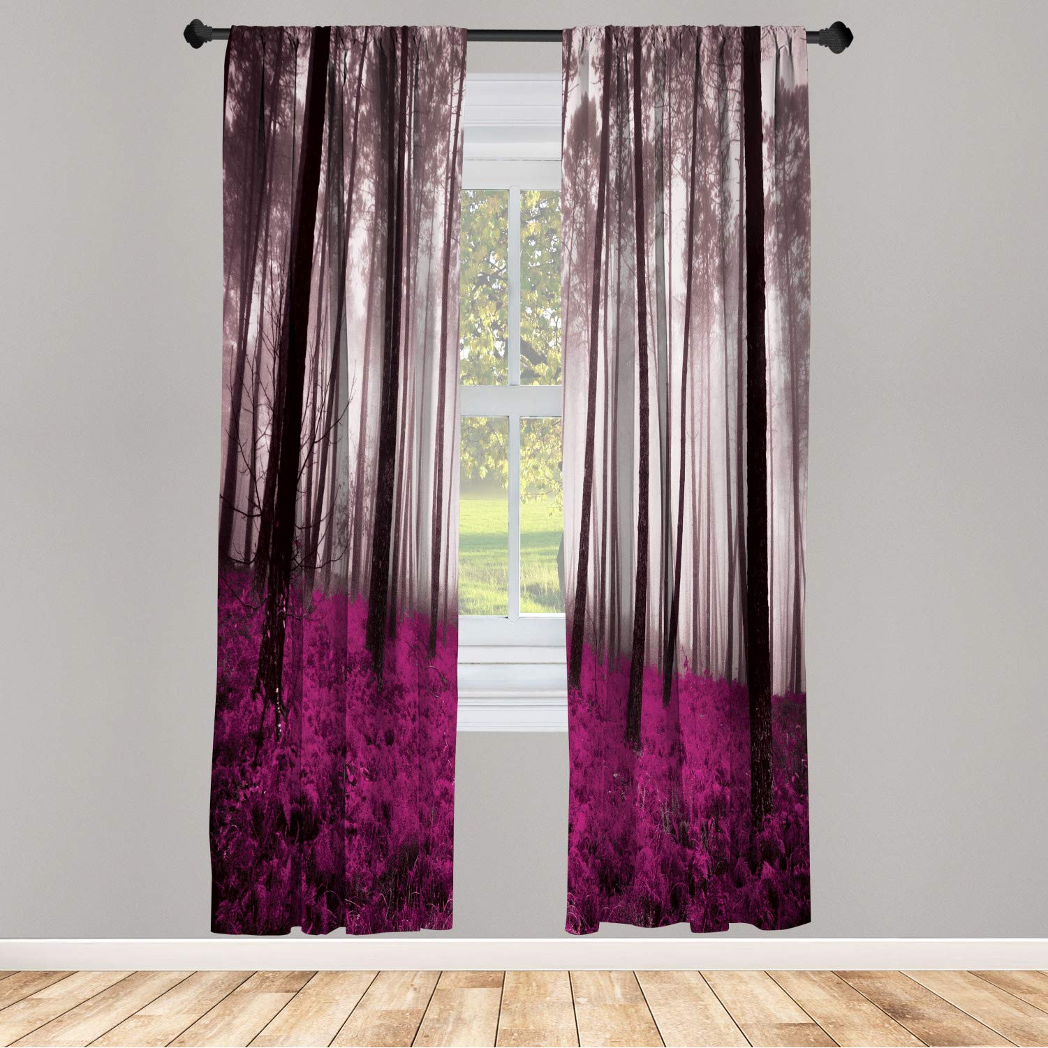 Ambesonne Forest Window Curtains - Fantasy Woodland Foggy Trees Design, Lightweight Black & Pink 2-Panel Set with Rod Pocket, 28x95 Inches - Perfect for Living Room, Bedroom & Nursery Decor