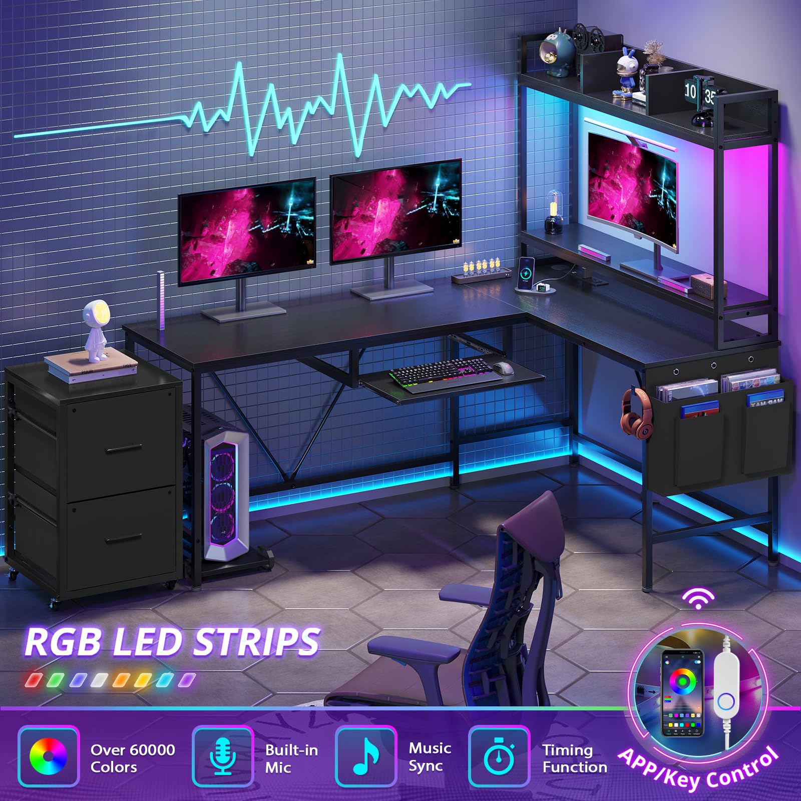 Ergonomic L-Shaped Gaming Desk with Keyboard Tray & Power Outlet - Reversible Corner Computer Desk for Home Office - Includes Mobile File Cabinet, Storage Shelves & Monitor Stand (Black, 67 Inch) - Perfect for Gaming Setups, Workstations & Small Office Spaces