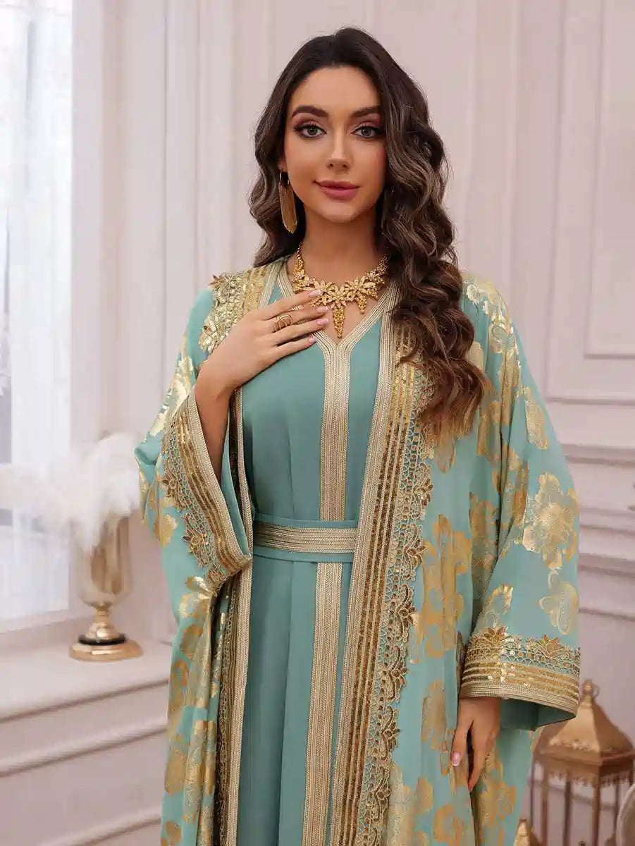 Urgarment 2 Piece Elegant Bronzing Eid Dress Set - Caftan with Inner Sleeveless Dress #25473 | Perfect for Eid Celebrations, Weddings & Special Occasions