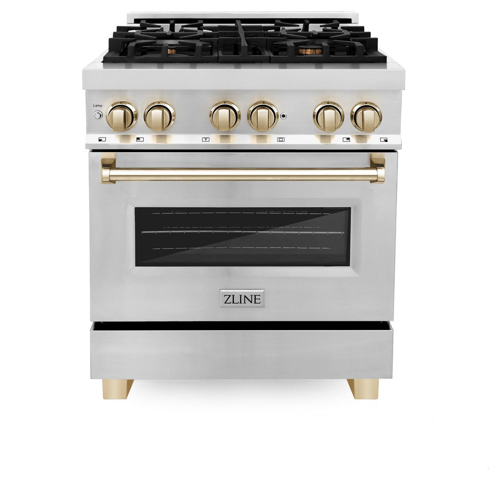 ZLINE RAZ 30 G 30-inch 4.0 cu.ft Dual Fuel Range - Stainless Steel Gas Stove with 4 Burners & Electric Convection Oven - Polished Gold Accents - Professional Kitchen Appliance for Home Chefs & Cooking Enthusiasts