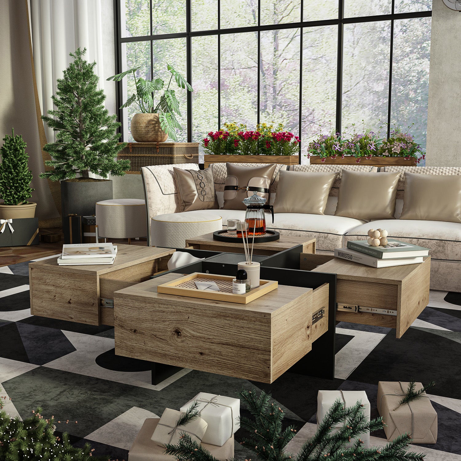 Extendable Coffee Table with 4 Storage Drawers - Adjustable Modern Living Room Furniture with Hidden Storage - Perfect for Small Spaces, Apartments & Home Decor
