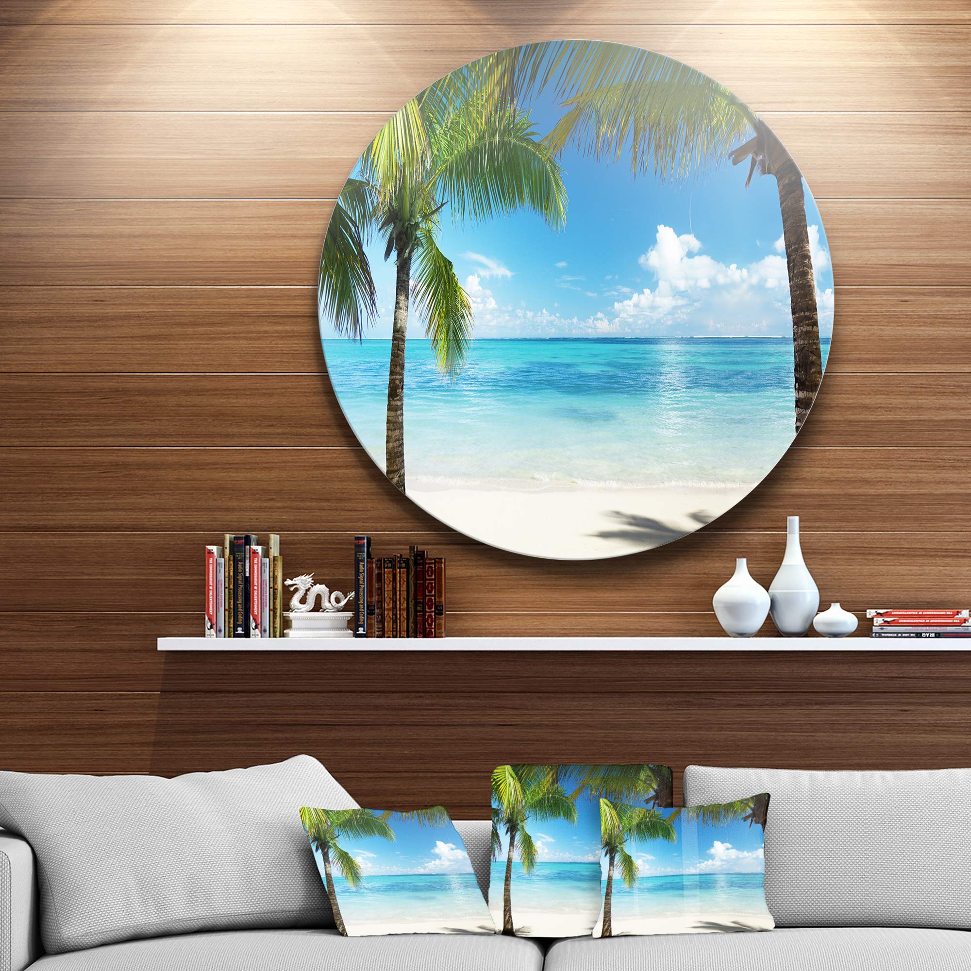DesignArt Round Metal Wall Art - Palm Trees and Sea Landscape Photography, Modern Home Decor for Living Room, Bedroom & Office