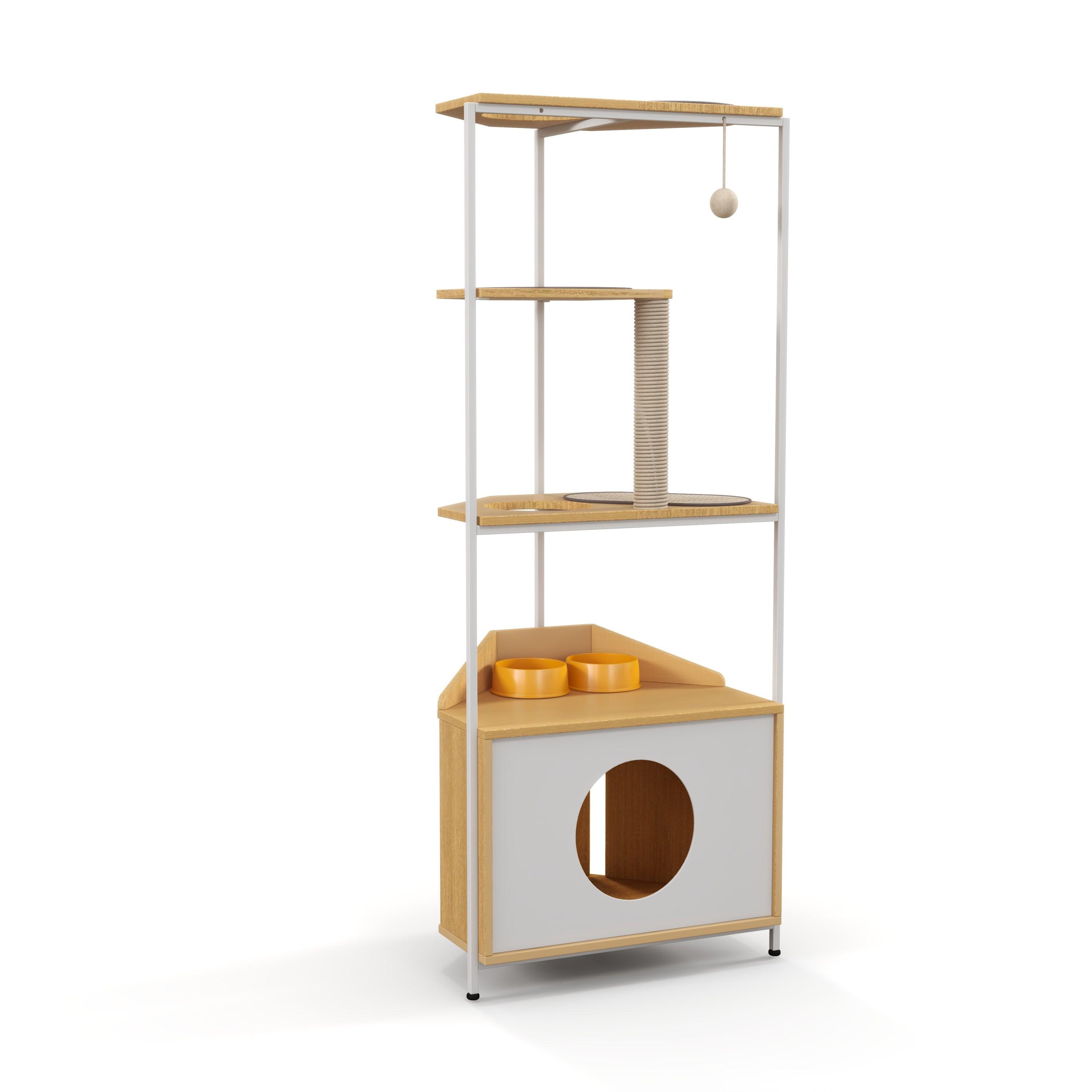 Premium Cat Tree with Scratching Post & Climbing Platforms - Multi-Level Cat Condo with Feeding Station - Sturdy Corner Cat Tower for Indoor Cats - Perfect for Play, Rest & Feeding in Small Spaces