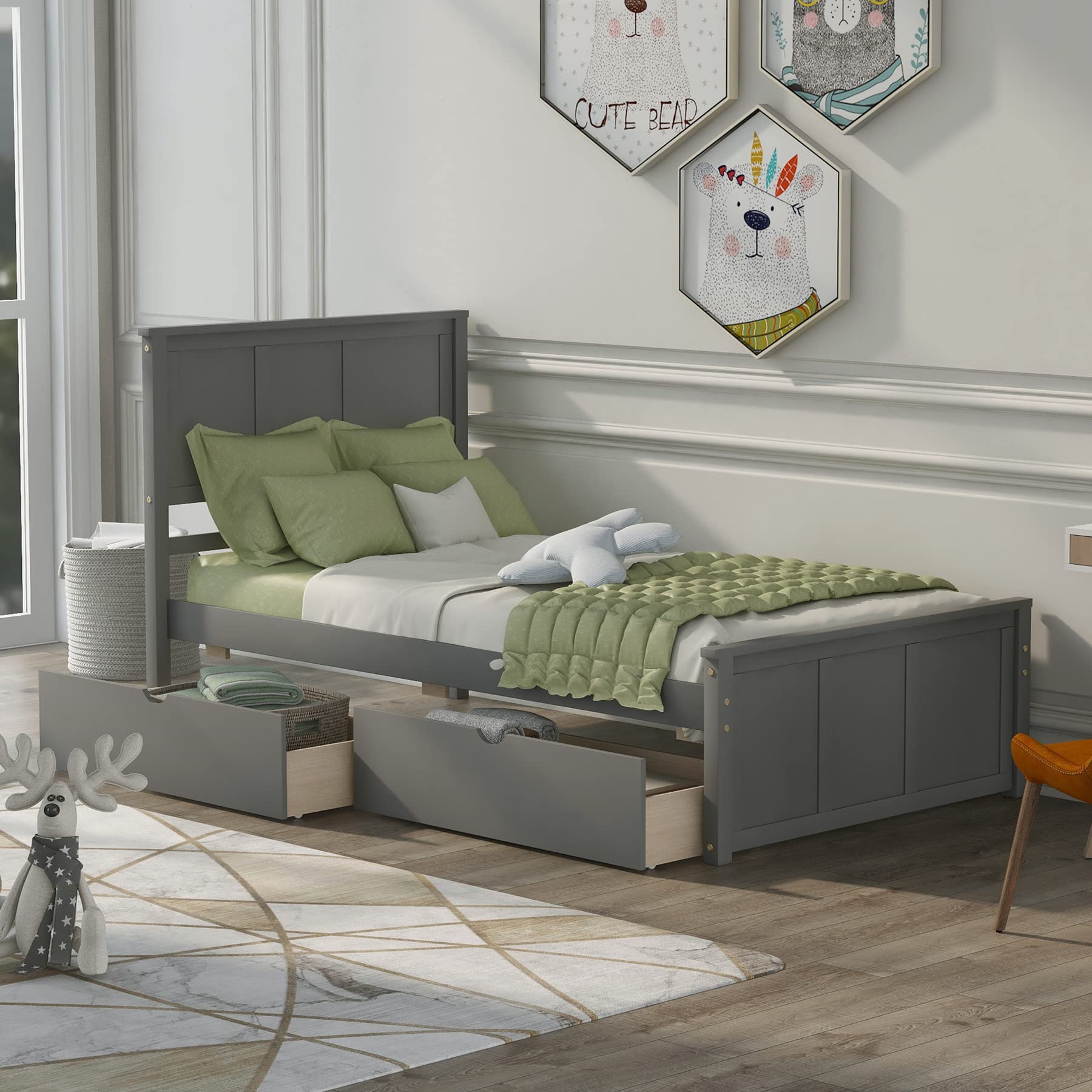 JINS&VICO Twin Size Solid Wood Platform Bed with 2 Storage Drawers - No Box Spring Needed - Captain Bed for Boys, Girls & Teens - Gray - Perfect for Small Bedrooms, Dorms & Kids' Rooms