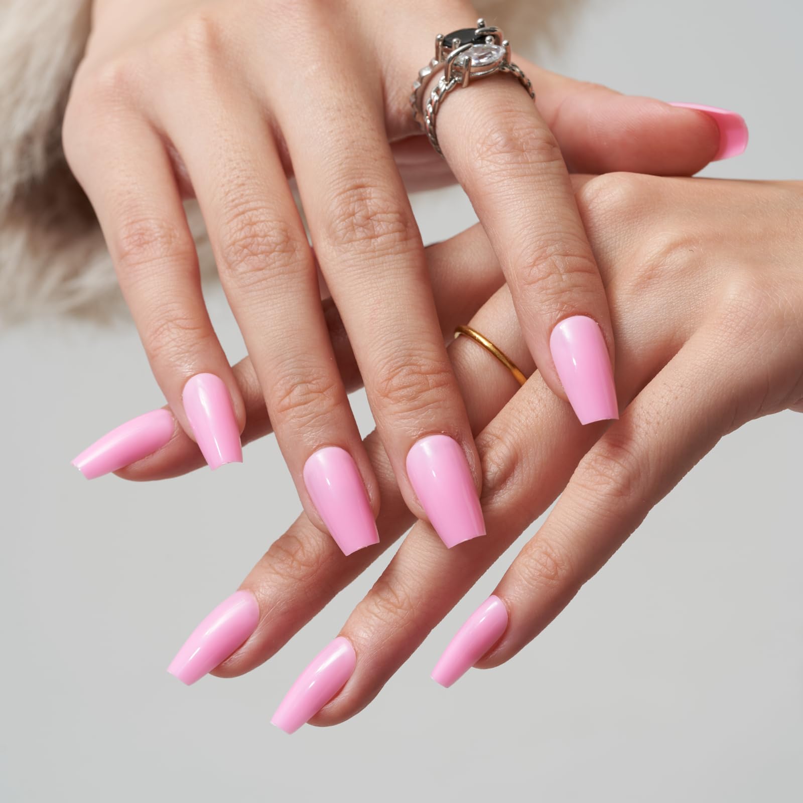 GLAMERMAID Short Coffin Press on Nails - 24Pcs Light Pink Glossy Medium Square Fake Nails with UV Finish | Reusable Acrylic False Nails Manicure Kit for Women | Perfect for Spring Summer, Weddings & Special Occasions