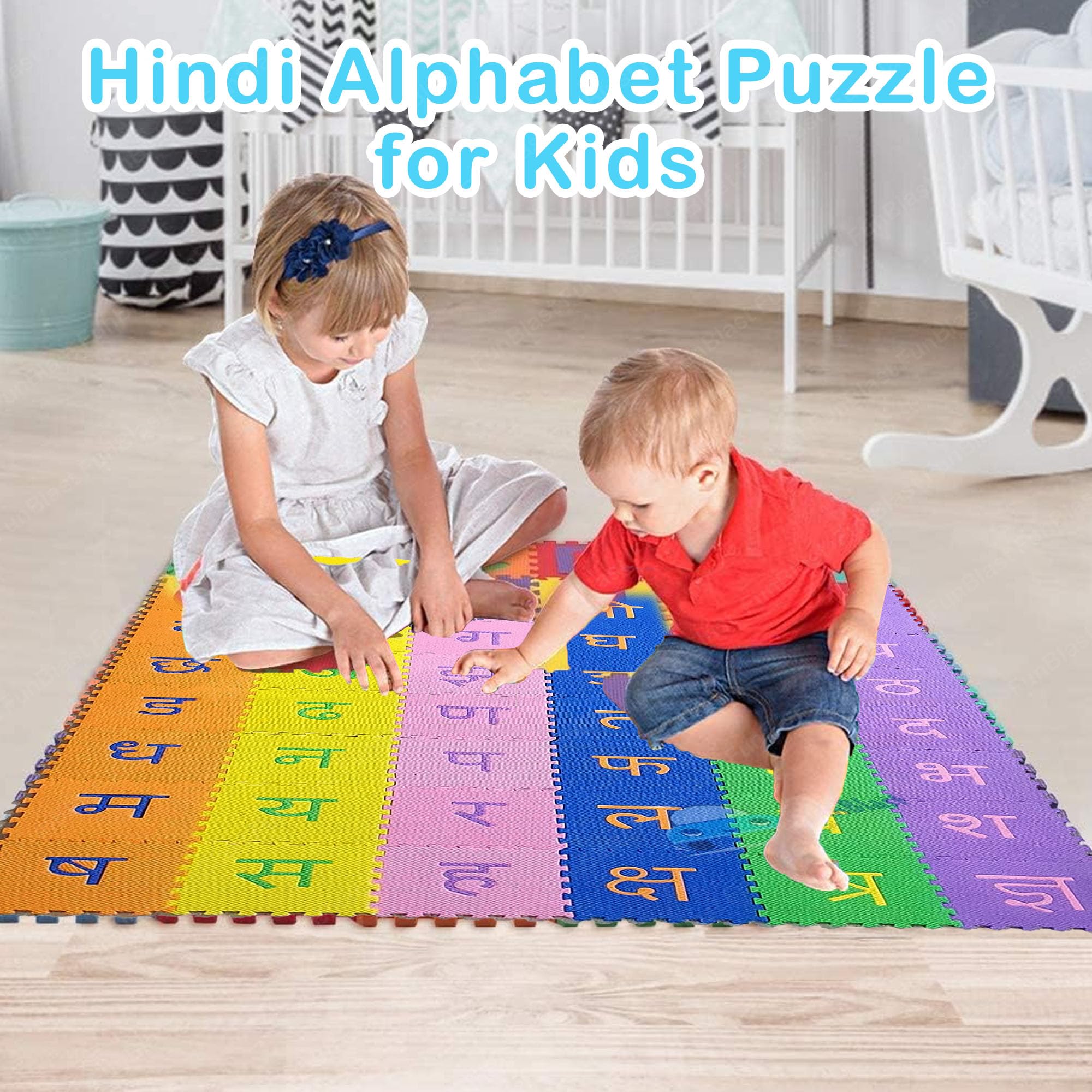 FunBlast 48-Piece Hindi Alphabet Foam Puzzle Mat for Kids - Colorful Interlocking ABC Learning Tiles for Playroom & Classroom Educational Activities