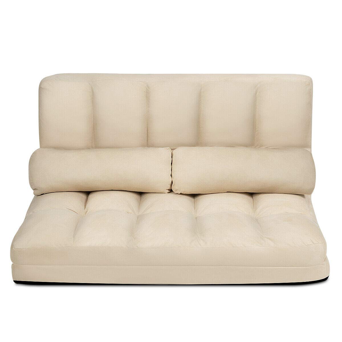 HPW Beige Foldable Floor Sofa Bed Lounge Couch Chaise Lounge with 2 Pillows - 6 Adjustable Backrest Positions for Sitting, Lying & Leaning - Sturdy Steel Pipe Frame - Perfect for Bedroom, Living Room, Gaming Room & Small Spaces - Great for Relaxing, Napping & Movie Nights