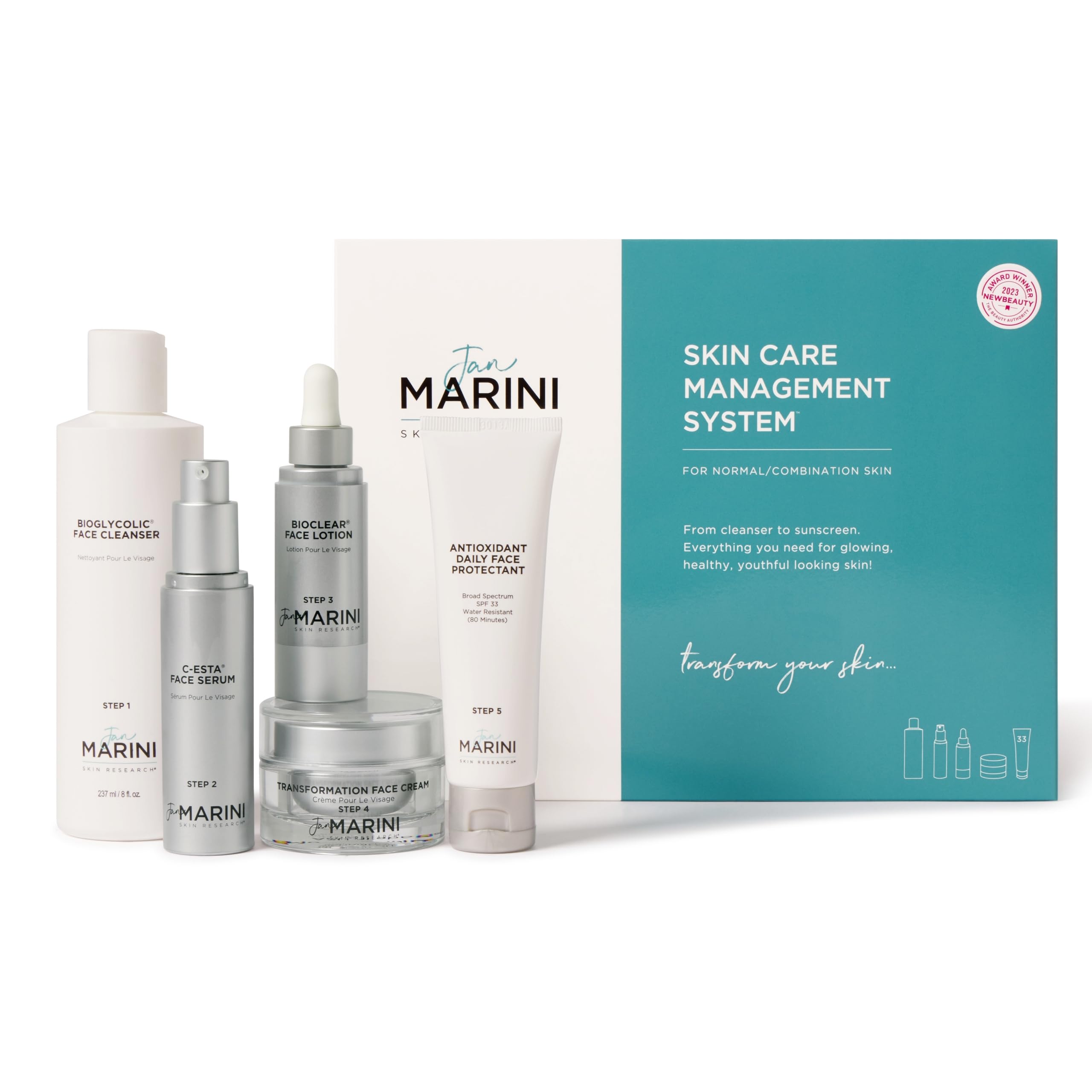 Jan Marini Skin Research Skin Care Management System - Tinted Daily SPF 33 Sunscreen Face Kit with Bioglycolic Cleanser for Normal/Combination Skin | Daily Hydration & Sun Protection for Healthy Glow