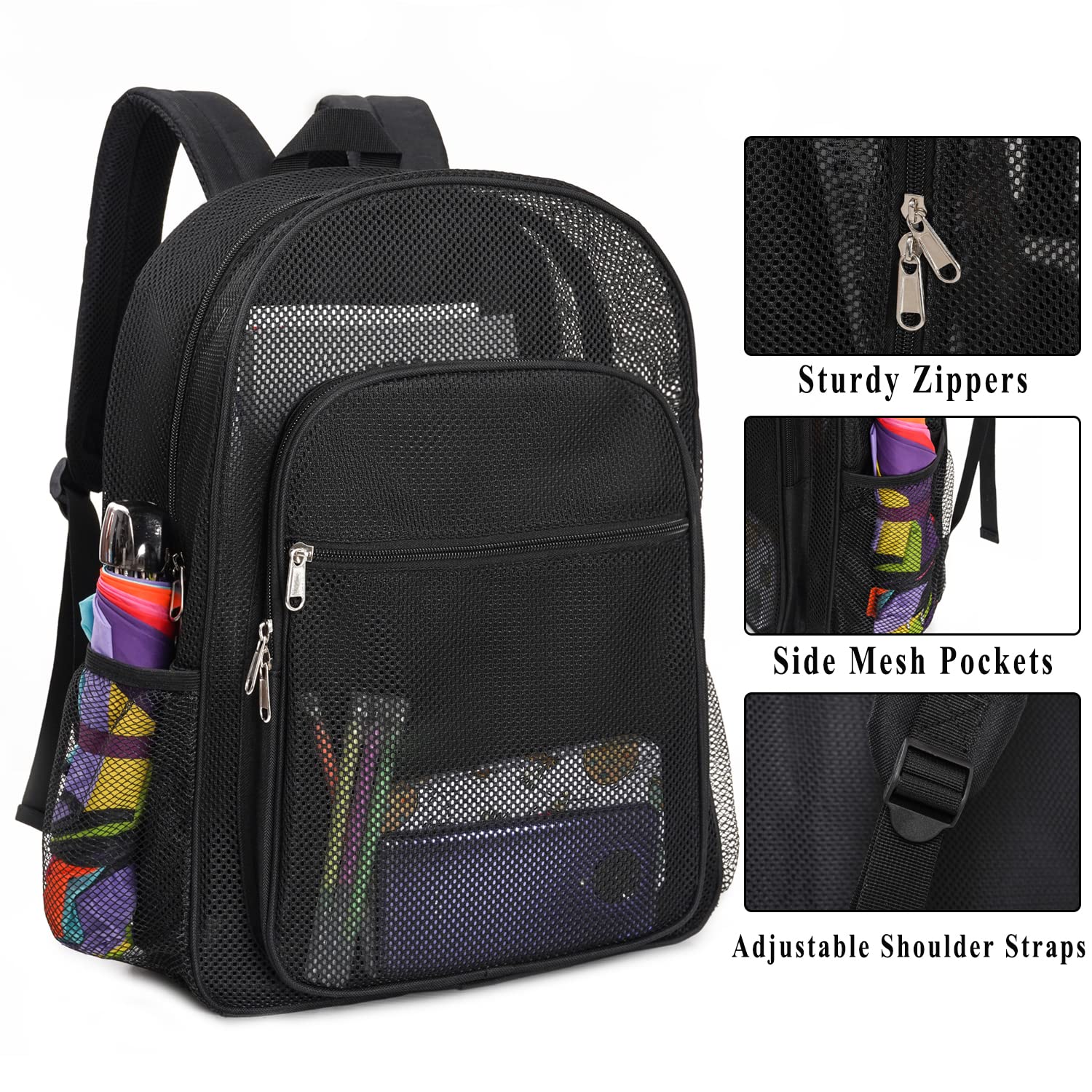 Transparent Mesh Backpack - Heavy Duty See Through Bookbag for School, Gym, Travel & Outdoor Activities | Water-Resistant Net Backpack for Swimming, Beach & Sports (Black)
