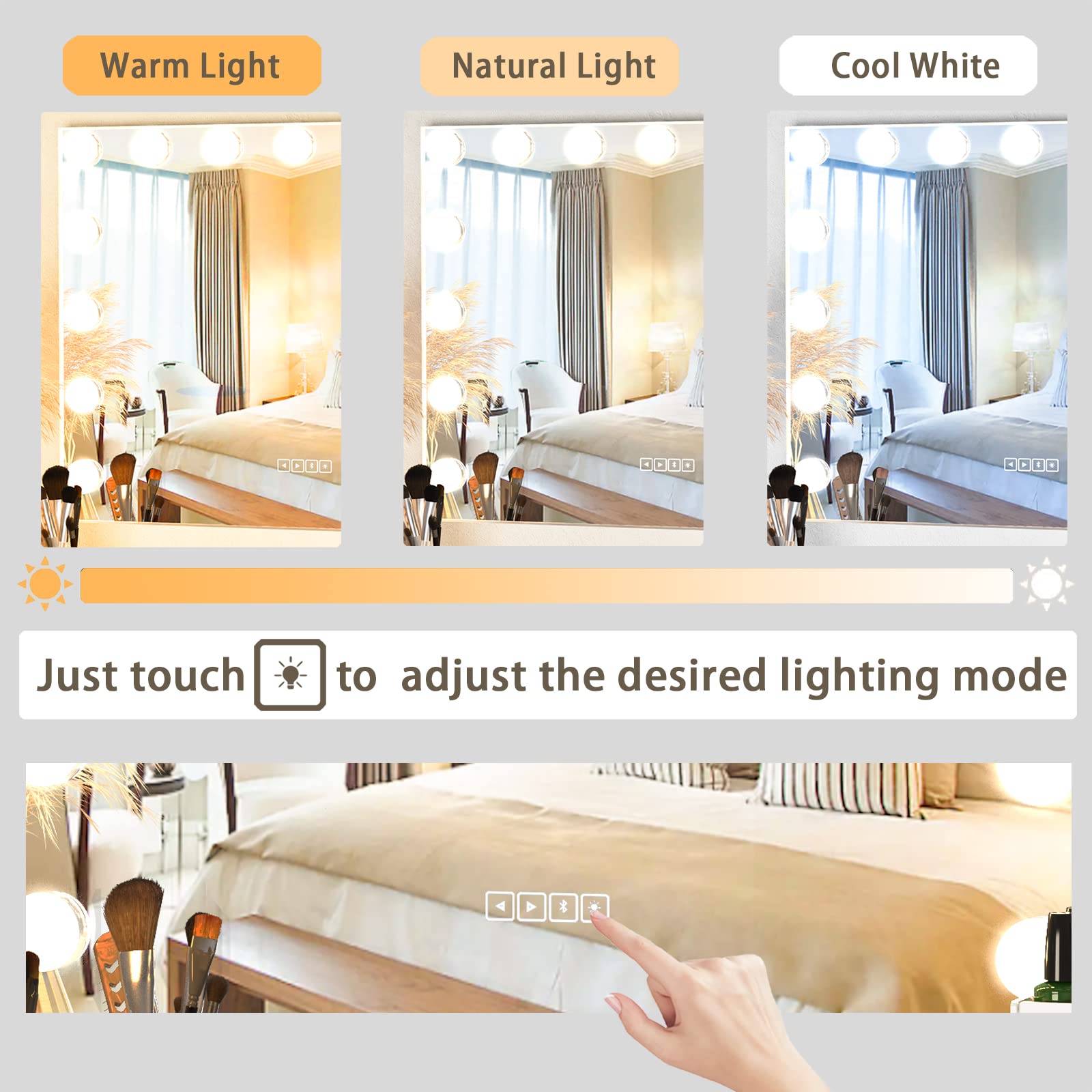 Manocorro Vanity Mirror with Bluetooth Speaker, LED Lights & USB Port - 31.5x22.8 Inch Tabletop/Wall Mount Makeup Mirror for Bedroom, Bathroom & Dressing Room