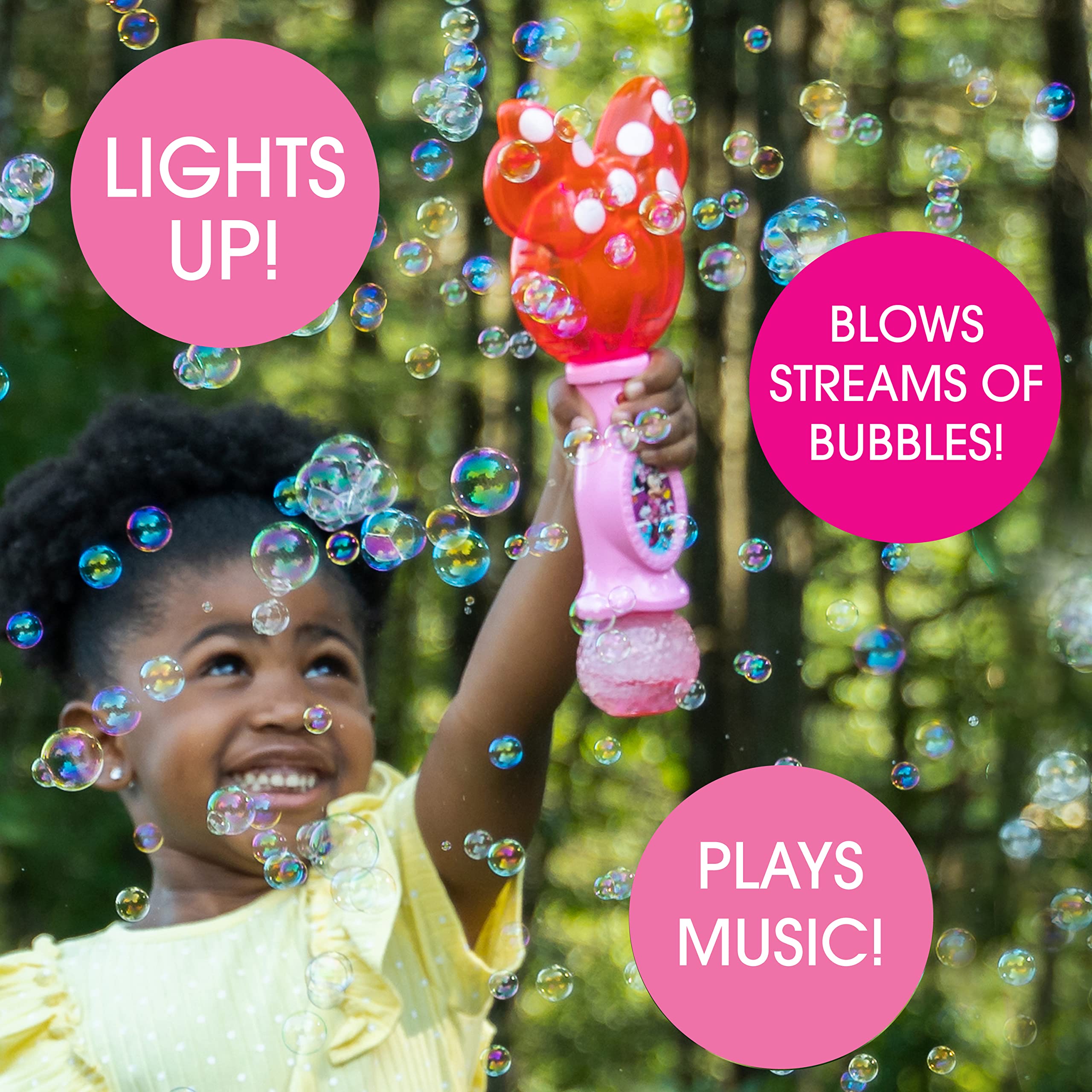 Disney Minnie Mouse Light Up Bubble Wand with Music & Sound Effects - Includes Bubble Solution - Fun Outdoor Toy for Toddlers & Kids - Perfect for Birthday Parties, Parks & Playtime