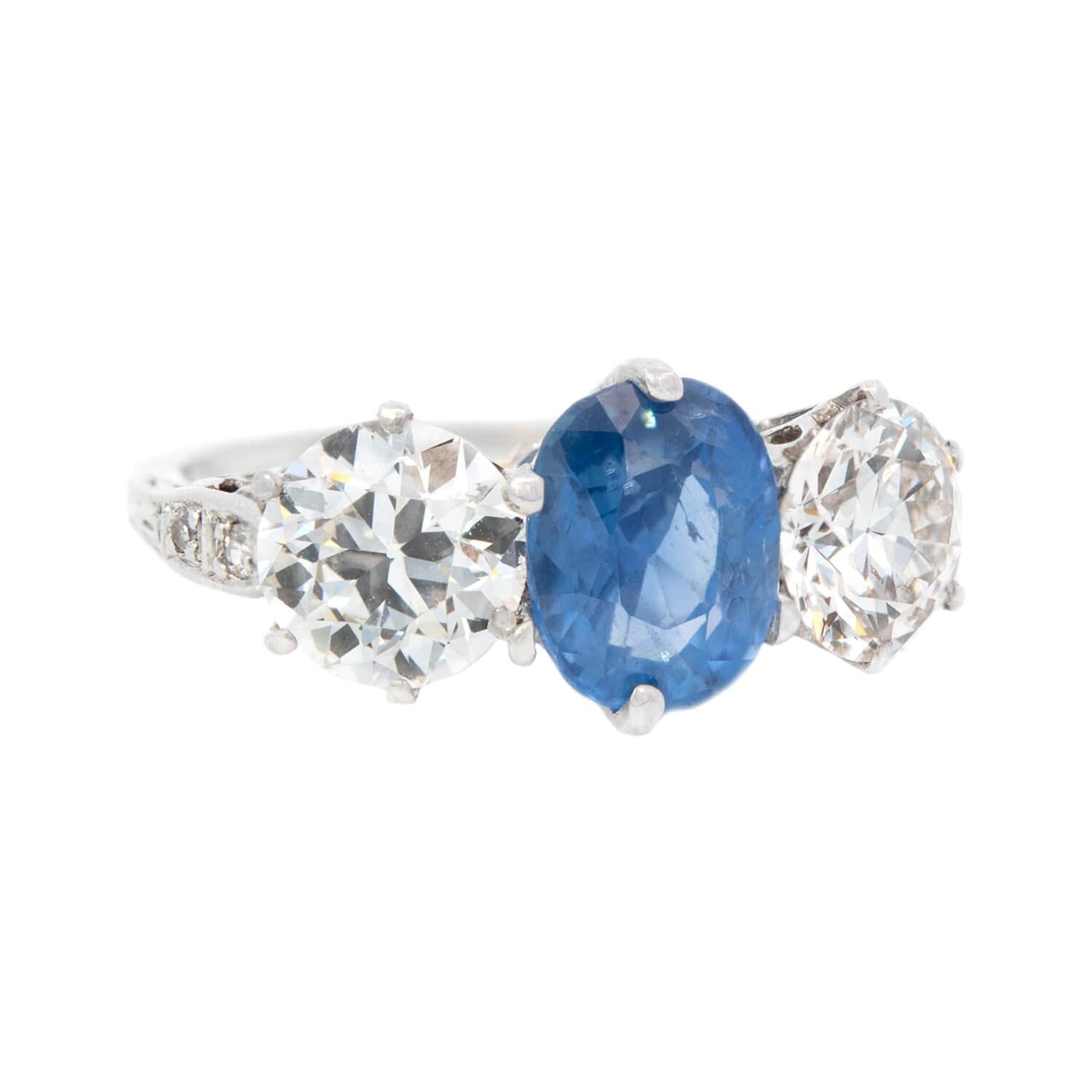 GIA Certified No Heat Sapphire & Diamond Three Stone Ring - Vintage Edwardian Platinum Engagement Ring for Women, Perfect for Weddings, Anniversaries & Special Occasions