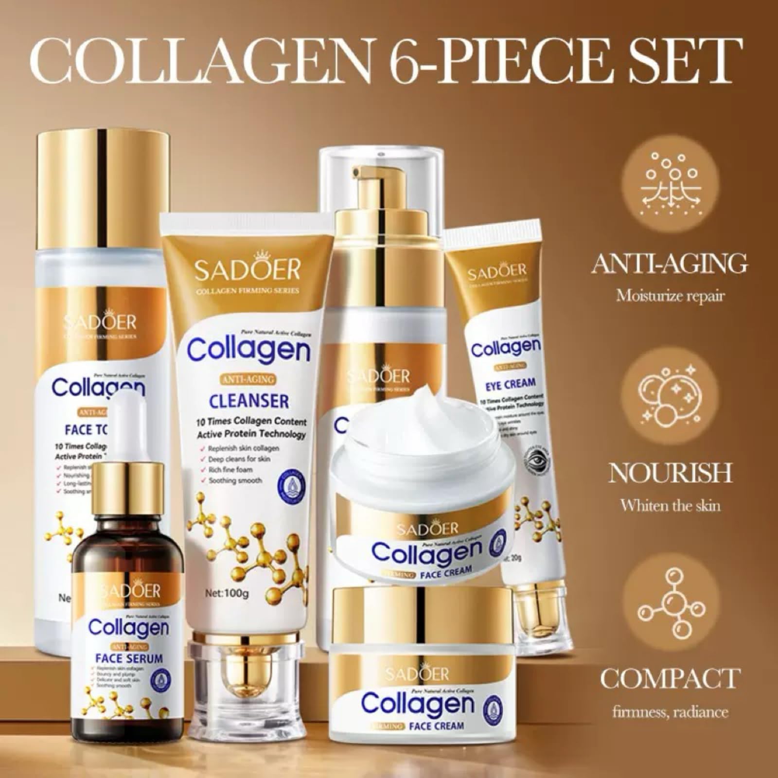 Collagen Skincare Gift Set - 6 Piece Anti-Aging Face Care Kit with Eye Cream, Toner, Serum, Cleanser & Moisturizer | Perfect for Wrinkles, Dark Circles & Dry Skin | Daily Skincare Routine & Gift Idea