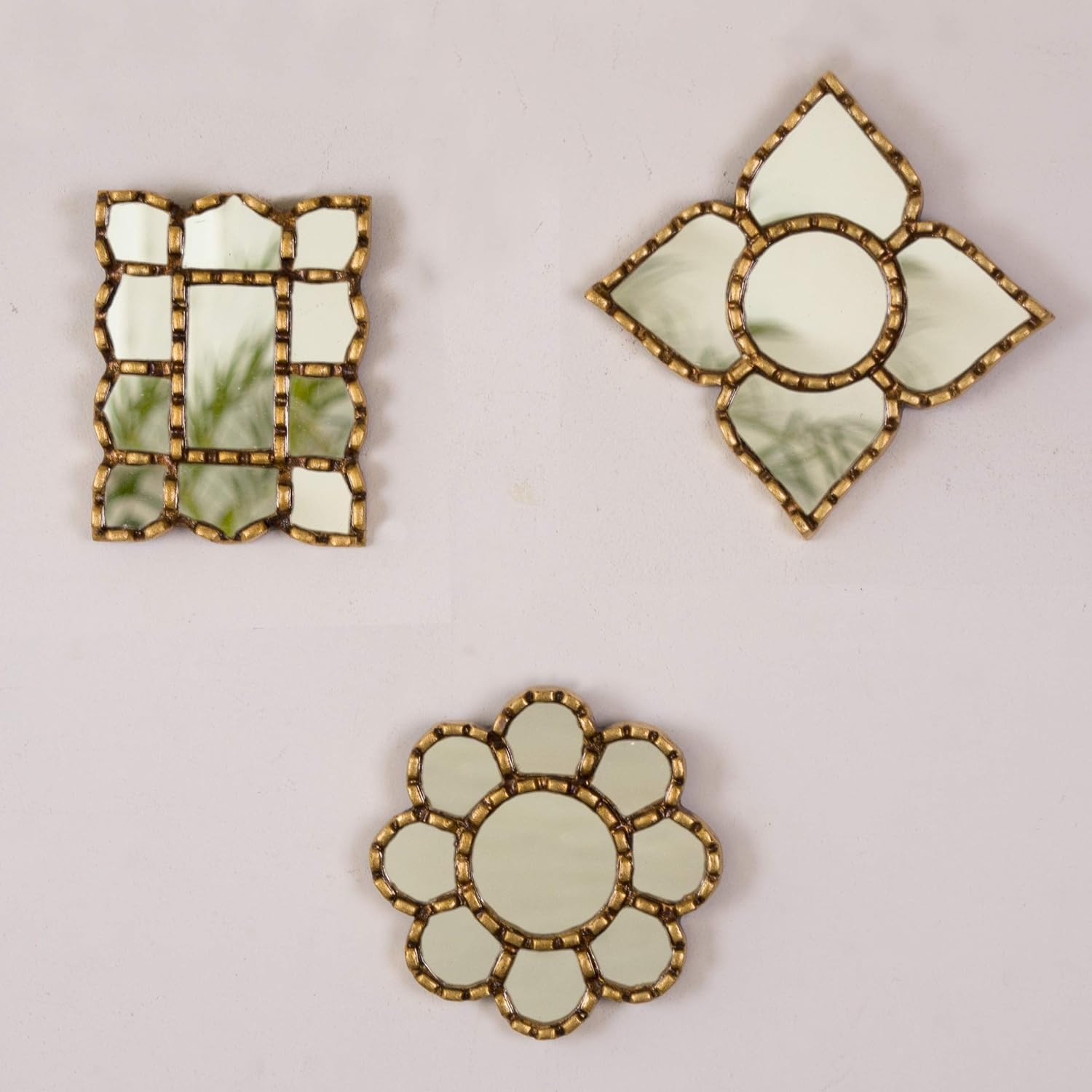 Peruvian Gold Leaf Wall Mirror Set of 3 - Small Decorative Accent Mirrors for Vanity & Home Decor - Perfect for Living Room, Bedroom, Bathroom & Entryway