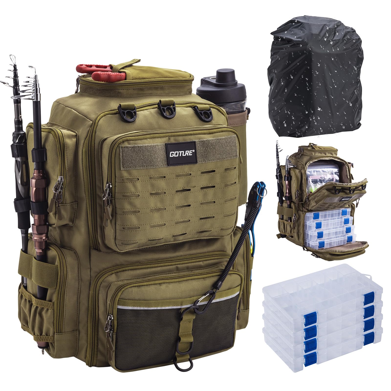 Goture 45L 600D Large Fishing Backpack with 4 Tackle Boxes & Rod Holders - Waterproof Fishing Gear Storage Bag with 8 Lure Pockets & Rain Cover - Perfect for Camping, Hiking, Bass Fishing and Outdoor Adventures