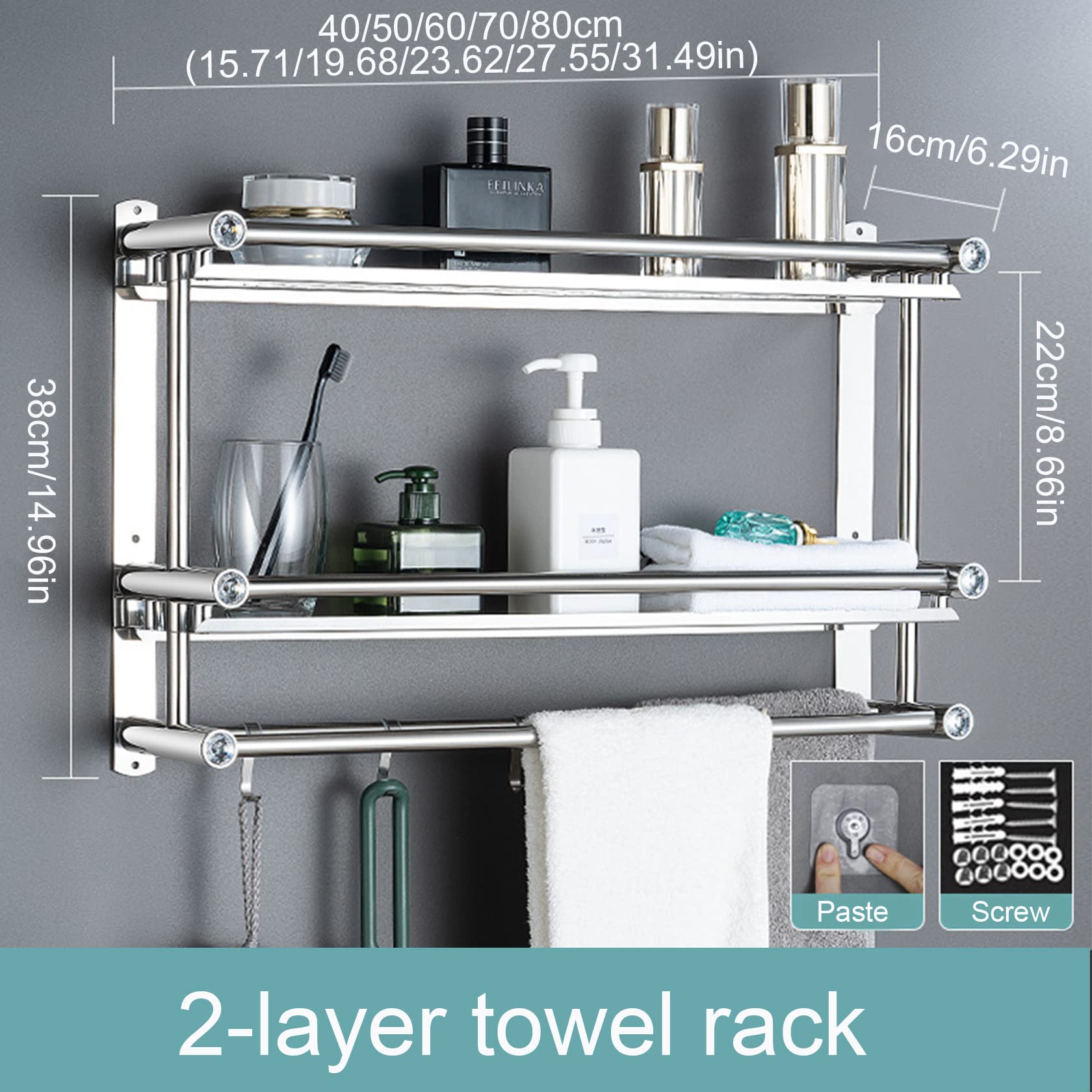 Stainless Steel Wall Mounted Bathroom Shelf with Towel Bar & 5 Hooks - 1/2/3 Tier Shower Organizer (40/50/60/70/80cm) - No Drill Adhesive Installation - Perfect for Small Bathrooms, Showers & Spa Areas