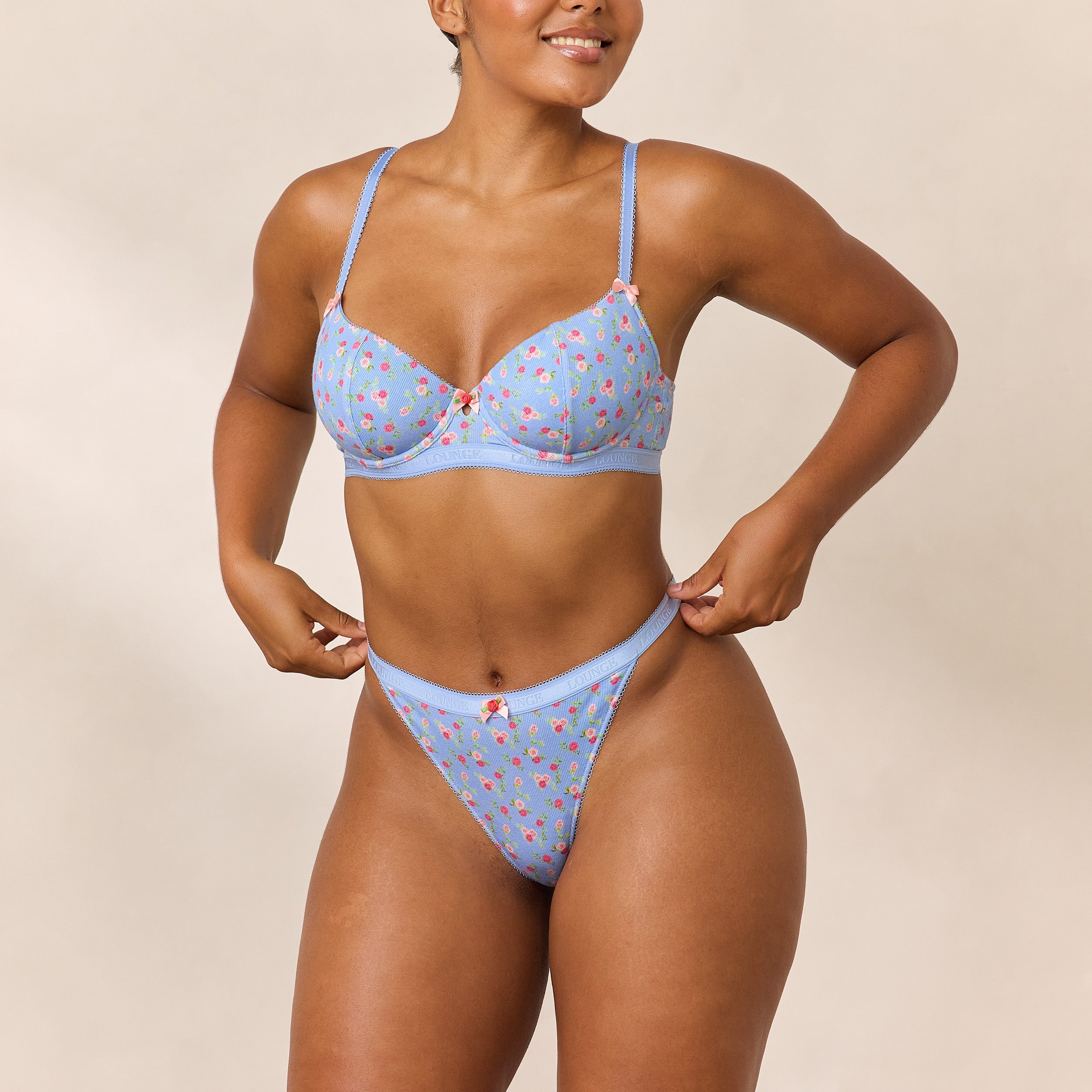 Rosebud Ribbed Balcony Bra - Blue Floral Lace Underwire Bra for Women | Comfortable Support & Sexy Design | Perfect for Everyday Wear, Date Night & Special Occasions