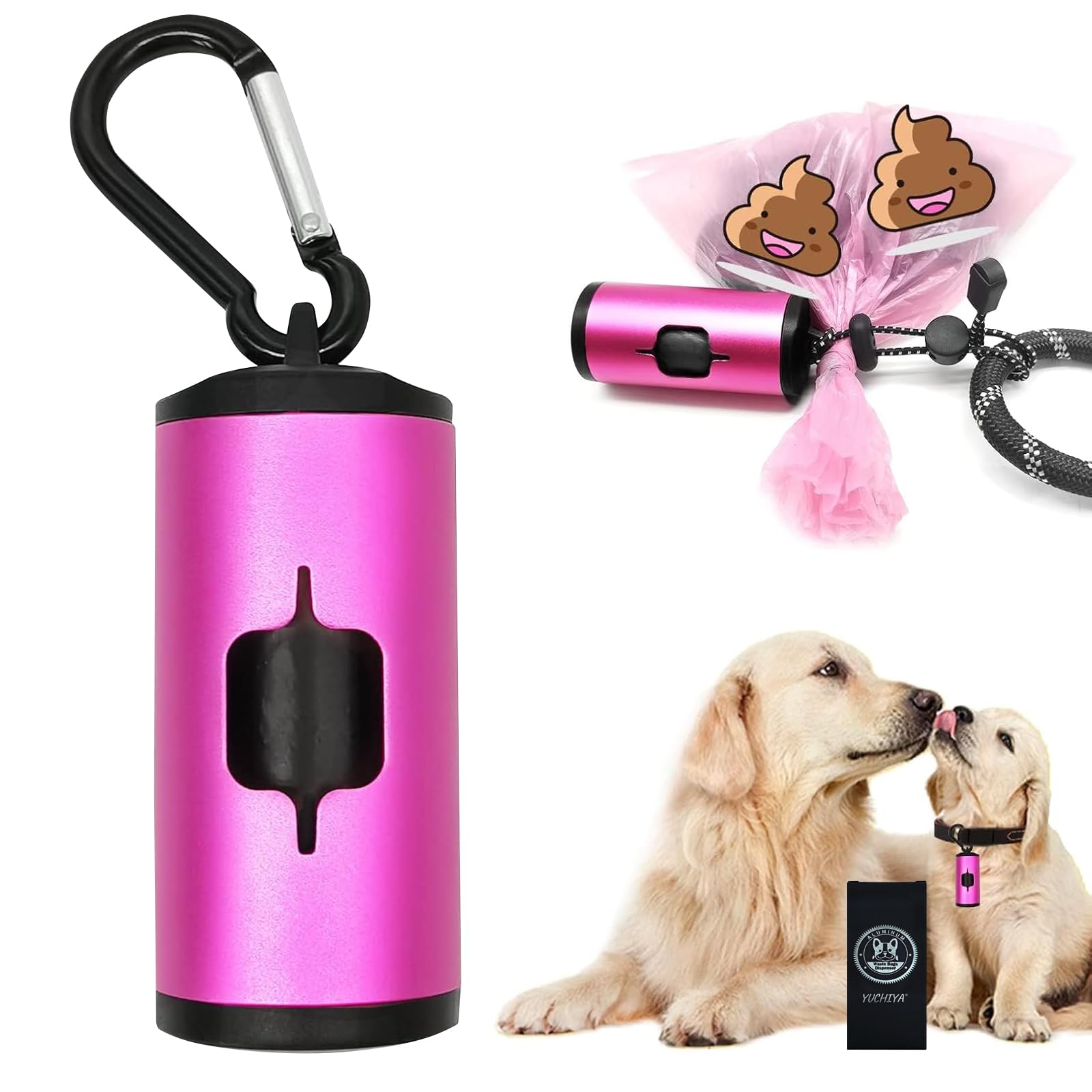 Eco-Friendly Aluminum Dog Poop Bag Holder with Carabiner Clip - Metal Pet Waste Dispenser with Hook & Loop Fastener, Elastic Cord for Used Bags (Pink, Includes 15 Bags) - Perfect for Walking, Hiking, and Outdoor Adventures with Your Dog