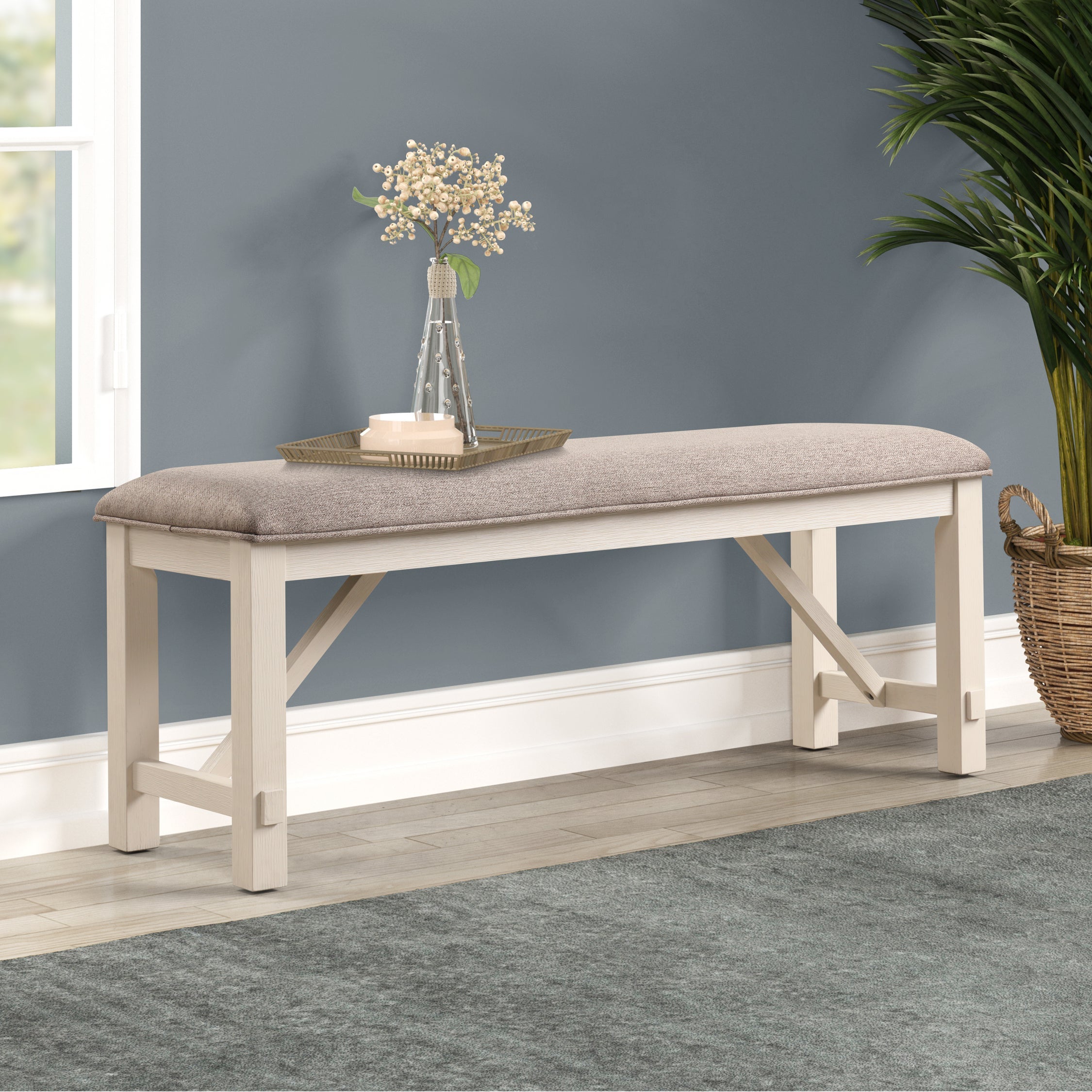 Roundhill Furniture Fasena Solid Wood Upholstered Bench - Off White - Durable Wooden Entryway, Bedroom or Living Room Seating Bench with Upholstered Cushion