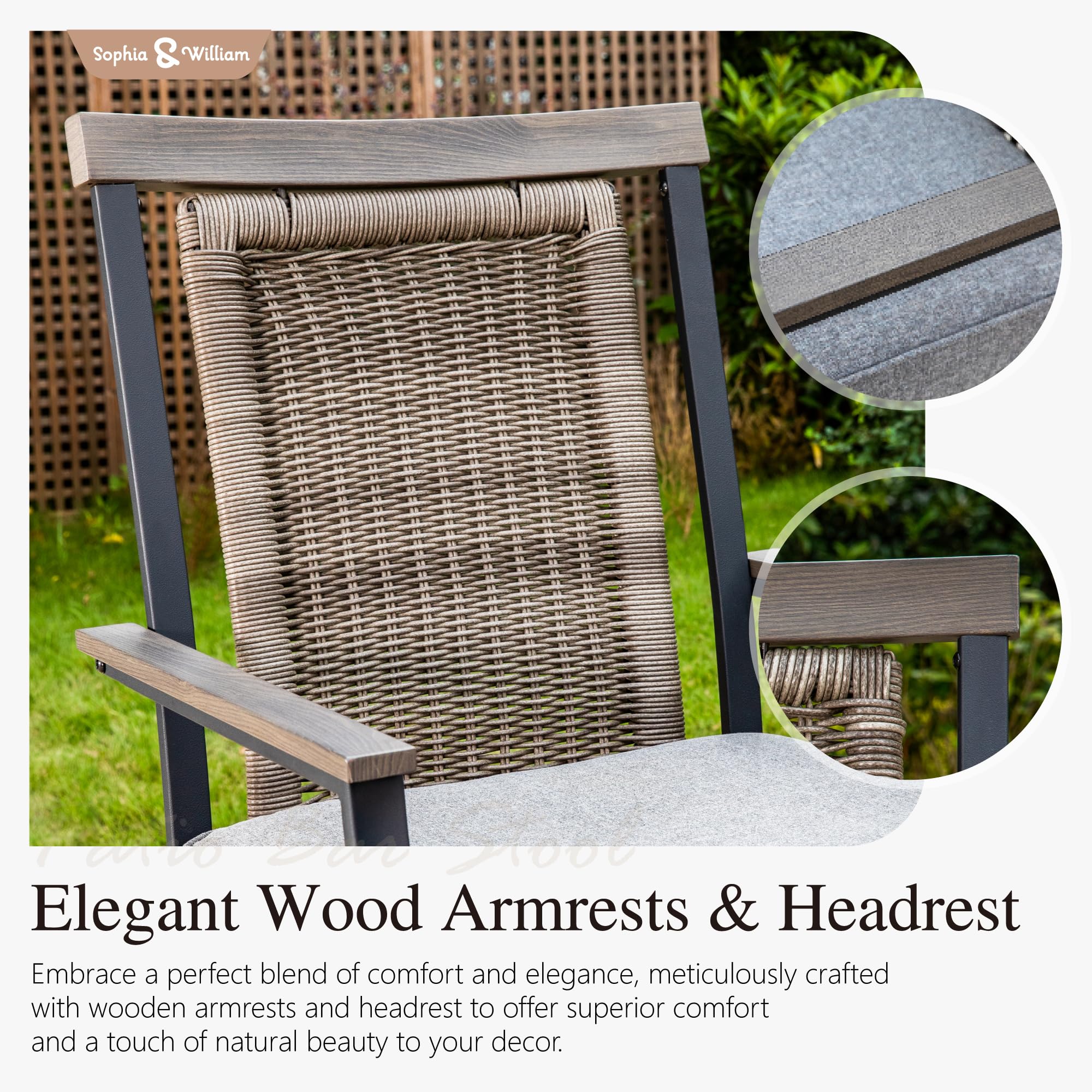 Sophia and William Swivel Patio Bar Chairs Set of 2 - Counter Height Rattan Back with Grey Seat Cushion - High Back Design for Outdoor Dining, Garden, Lawn, Backyard, Poolside & Patio Relaxation