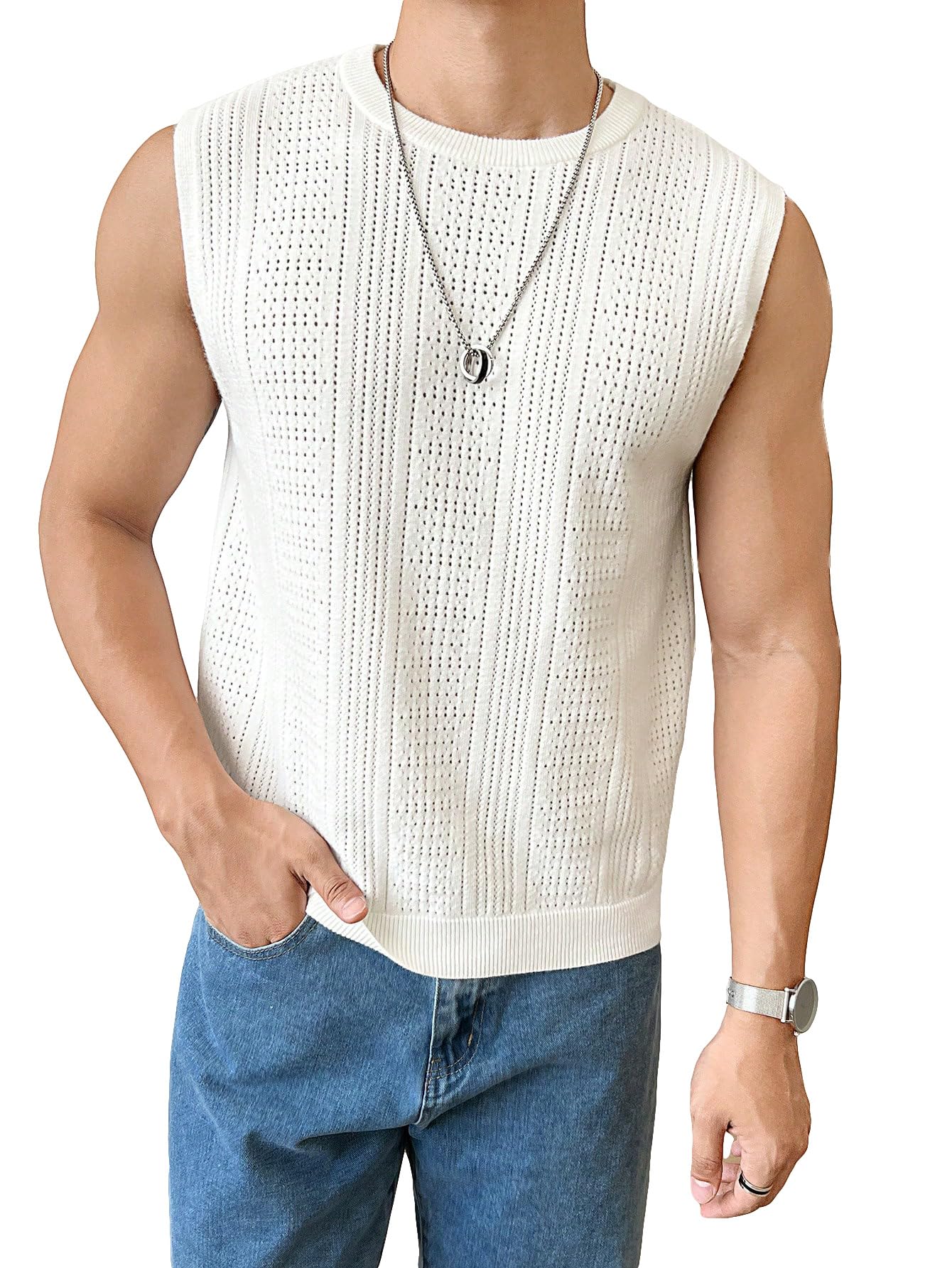 Verdusa Men's Sleeveless Round Neck Knit Tank Top - Breathable Casual Sweater Vest for Summer, Gym, and Outdoor Activities