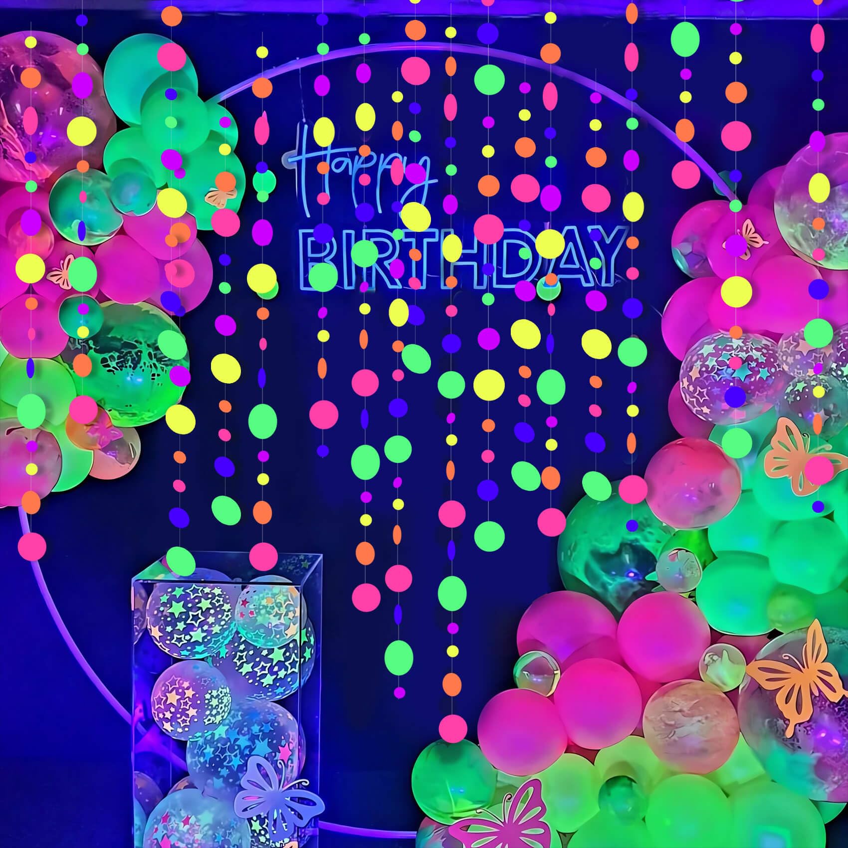 108ft UV Round Dot Neon Paper Streamers - Glow in The Dark Party Decorations for Weddings, Birthdays & Neon Parties | UV Reactive Garland, Glow Party Favors & Neon Banners for Nighttime Celebrations & Club Events