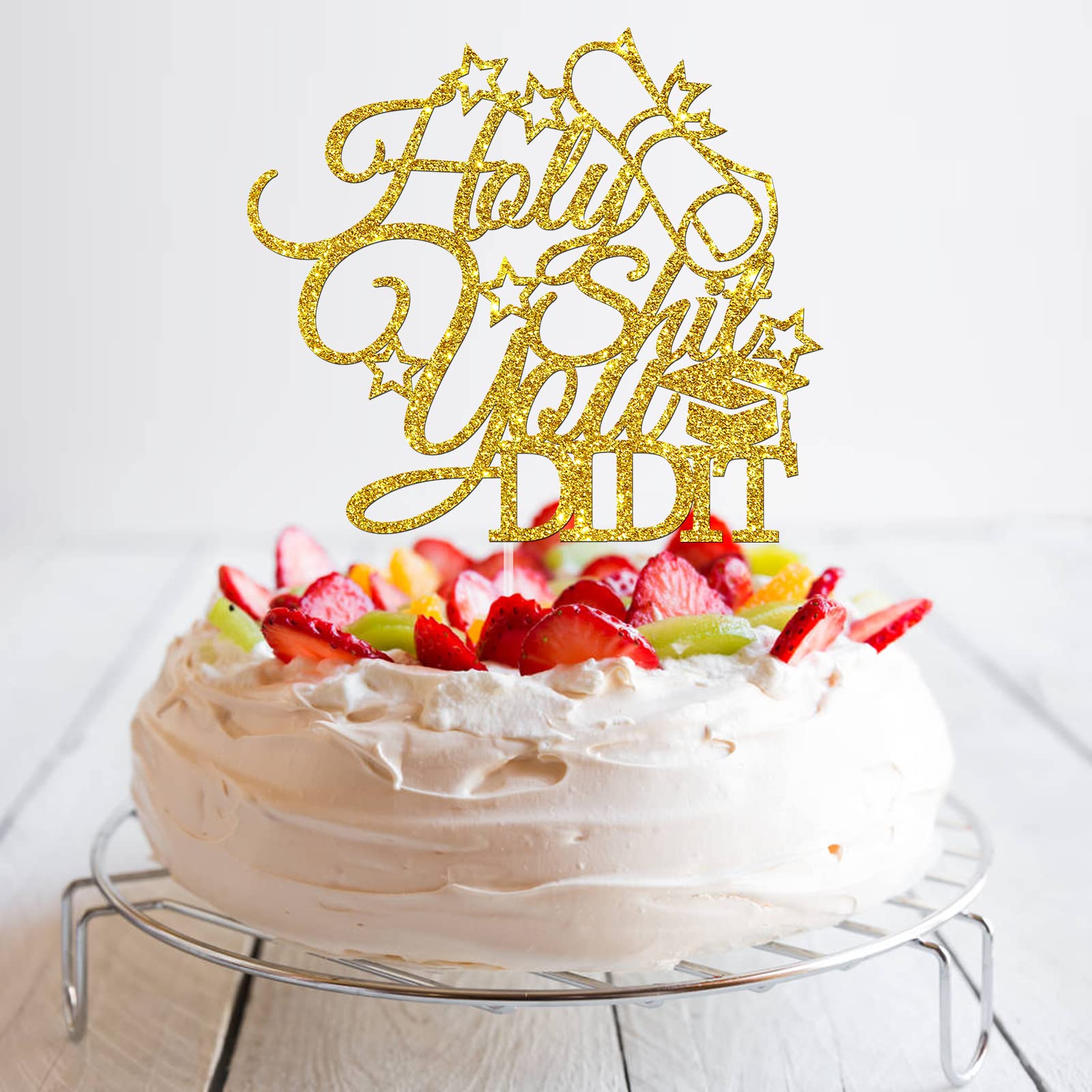 Talorine Funny Graduation Cake Topper - Holy Shit You Did It & Fucking Finally Gold Glitter Decor - 2025 Graduation Party Supplies for Cake Decorating & Celebration