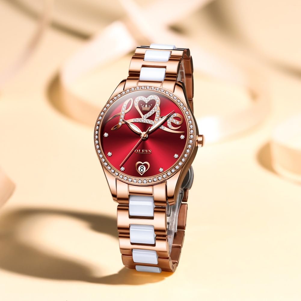 OLEVS Women's Automatic Diamond Dress Watch - Luxury Rose Gold Two-Tone Ceramic, Self-Winding Mechanical Movement, Date Display, Waterproof & Luminous - Perfect for Formal Events, Office Wear & Evening Occasions