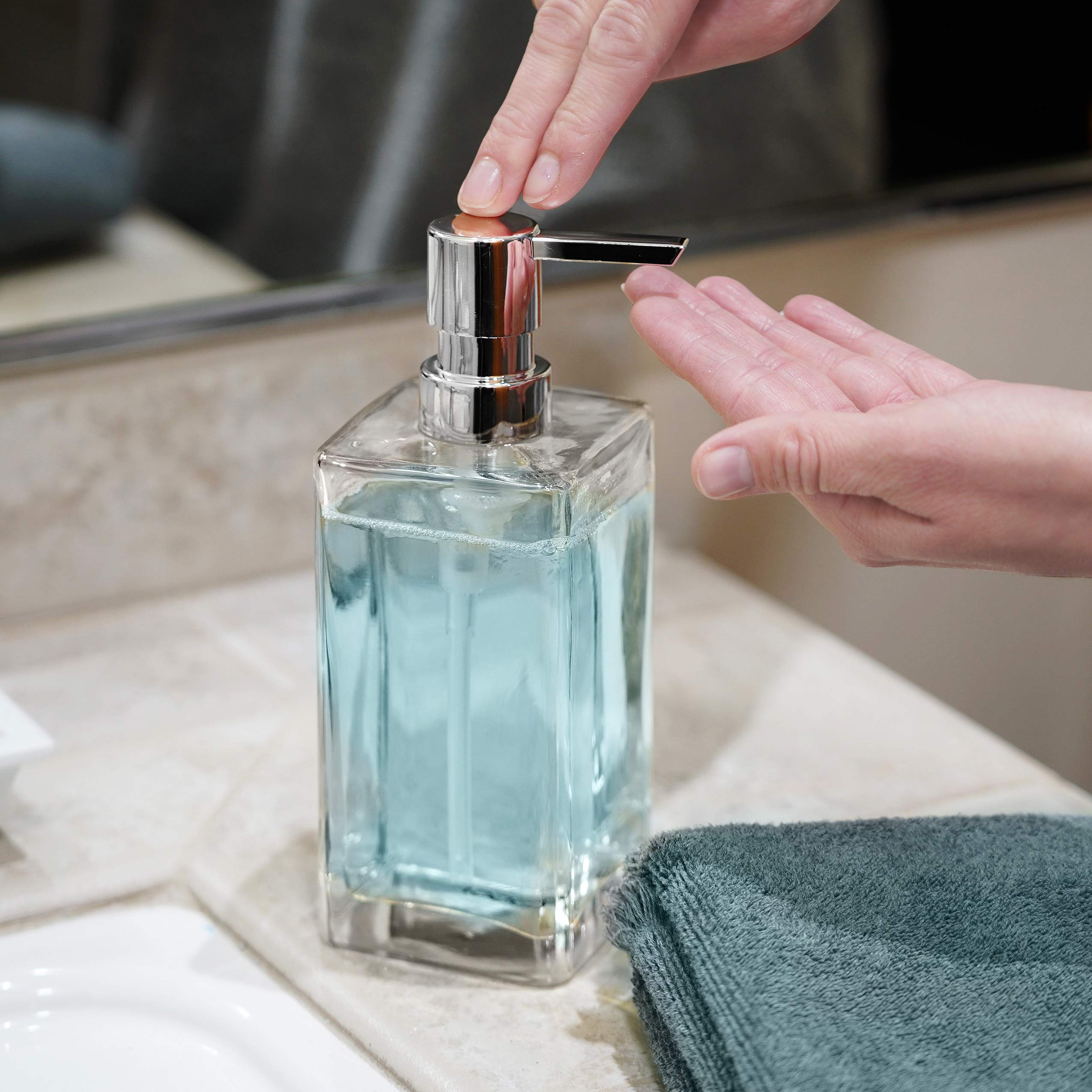Oggi 5713.6 Glass Soap Dispenser - 13 oz Aqua Blue - Elegant Bathroom & Kitchen Soap Dispenser for Hand Wash, Dish Soap or Lotion - Perfect for Home, Office or Restaurant Use