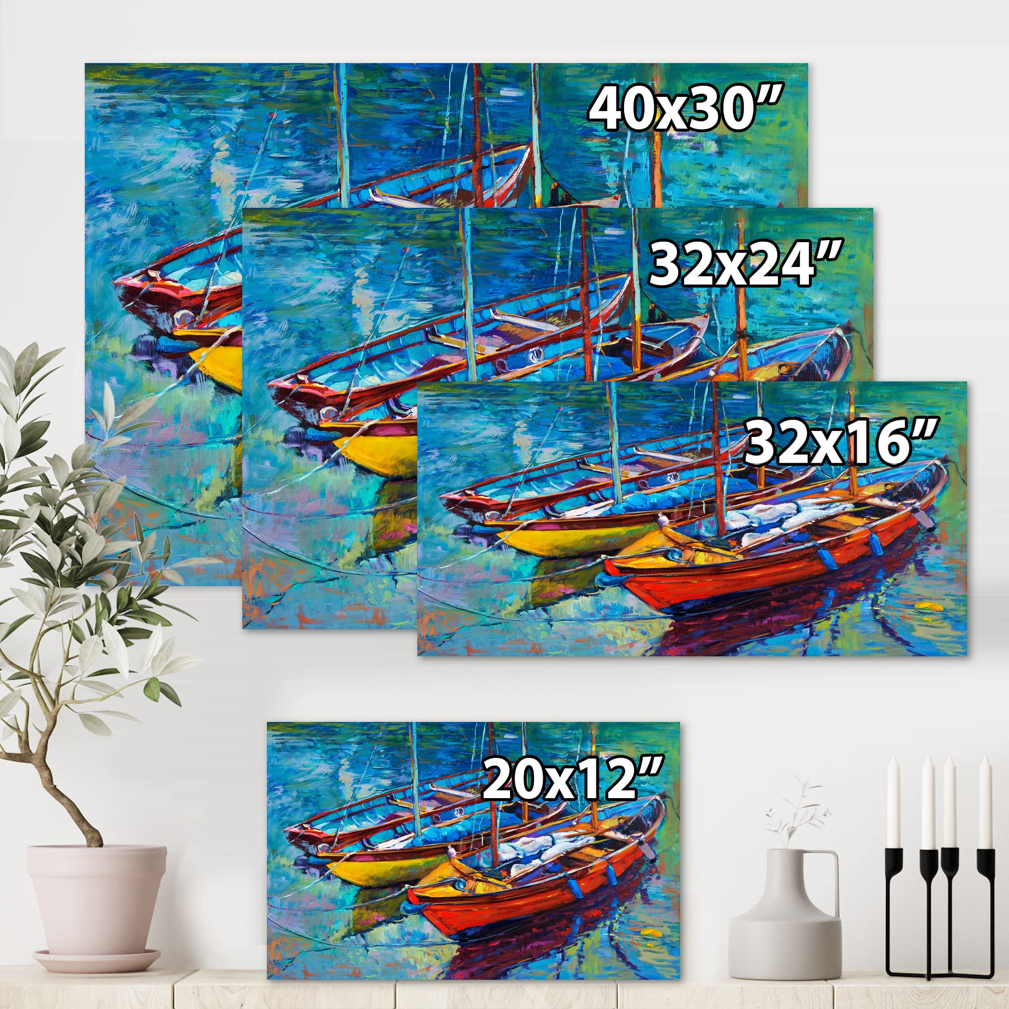 Three Boats in the Harbor Nautical Canvas Wall Art - Coastal Beach House Decor for Living Room, Bedroom & Office
