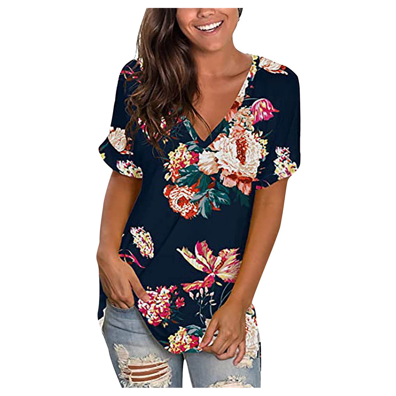 Women's Casual Floral Blouse with Batwing Sleeves - Loose Fit Boho Shirt with Knot Front Detail | Perfect for Spring Outfits, Beach Vacations & Boho Fashion