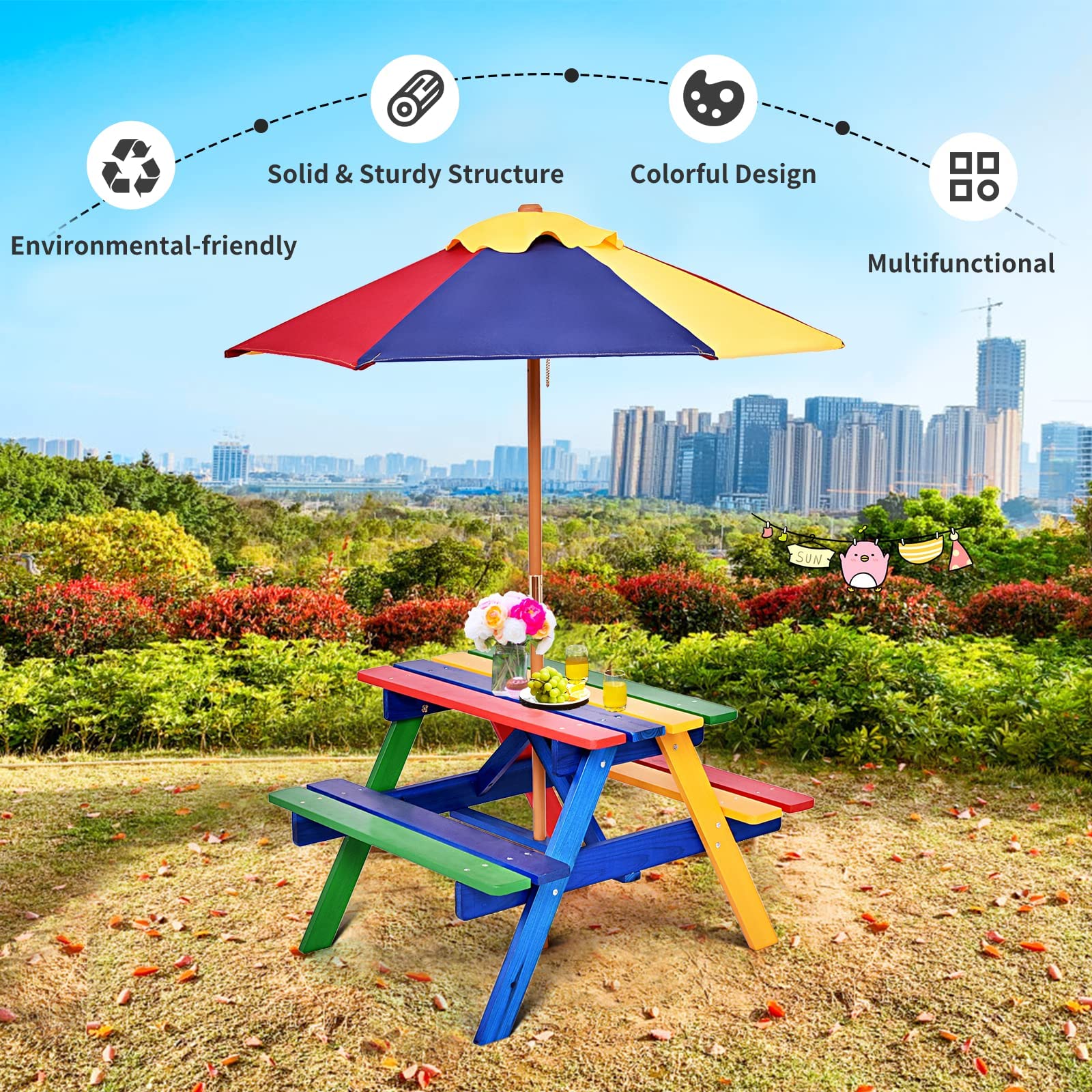 Olakids Kids Picnic Table Set - Outdoor Wooden Toddler Table & Chairs with Removable Umbrella - Children's Activity Furniture for Patio, Garden, Backyard - Perfect for Outdoor Playdates, Birthday Parties & Family Gatherings