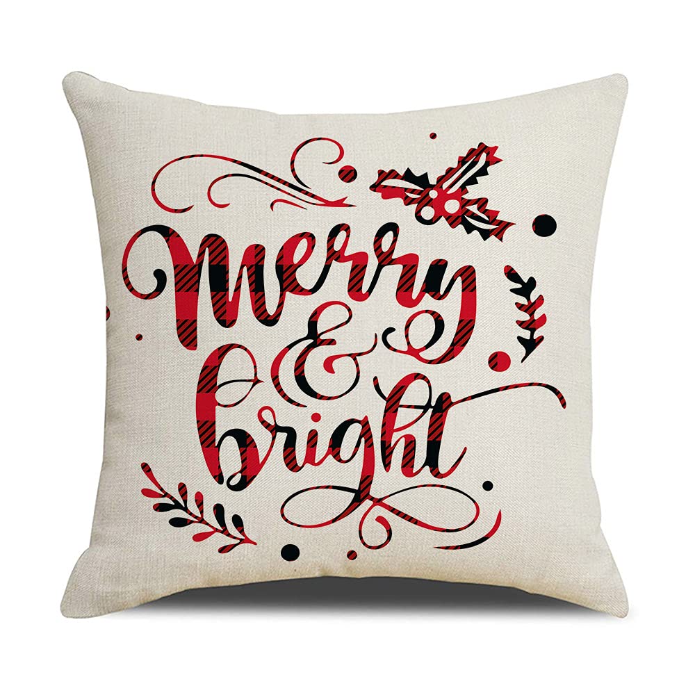 Christmas Buffalo Plaid Throw Pillow Covers 18x18 Inch Set of 4 - Decorative Holiday Cushion Covers for Sofa, Bed, Living Room & Seasonal Home Decor