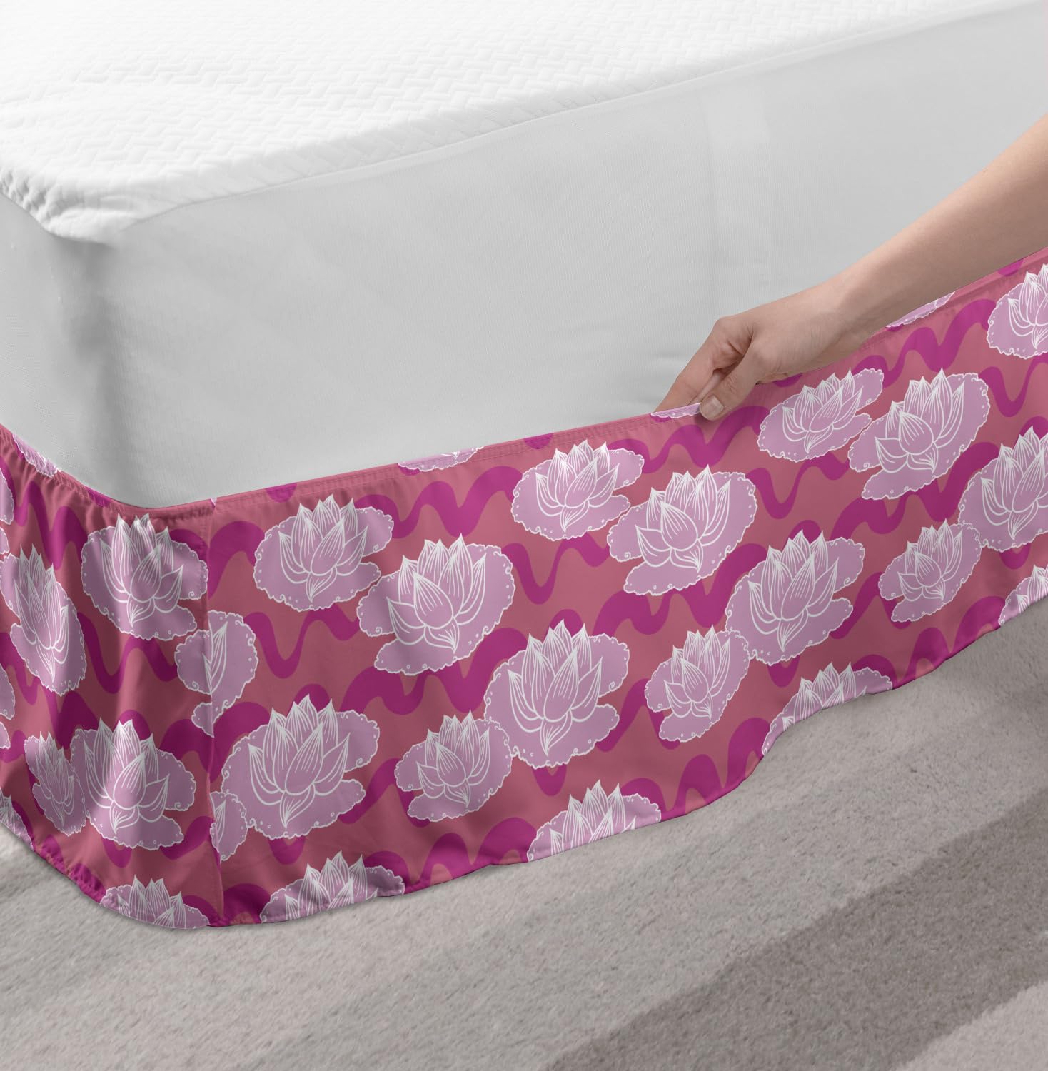 Ambesonne Lotus Bed Skirt - Japanese Waterlilies Floral Design Elastic Dust Ruffle Wrap for Twin/Twin XL Beds | Pink Coral & Pale Pink | Perfect for Bedroom Decor, Guest Rooms & Boho Chic Home Styling