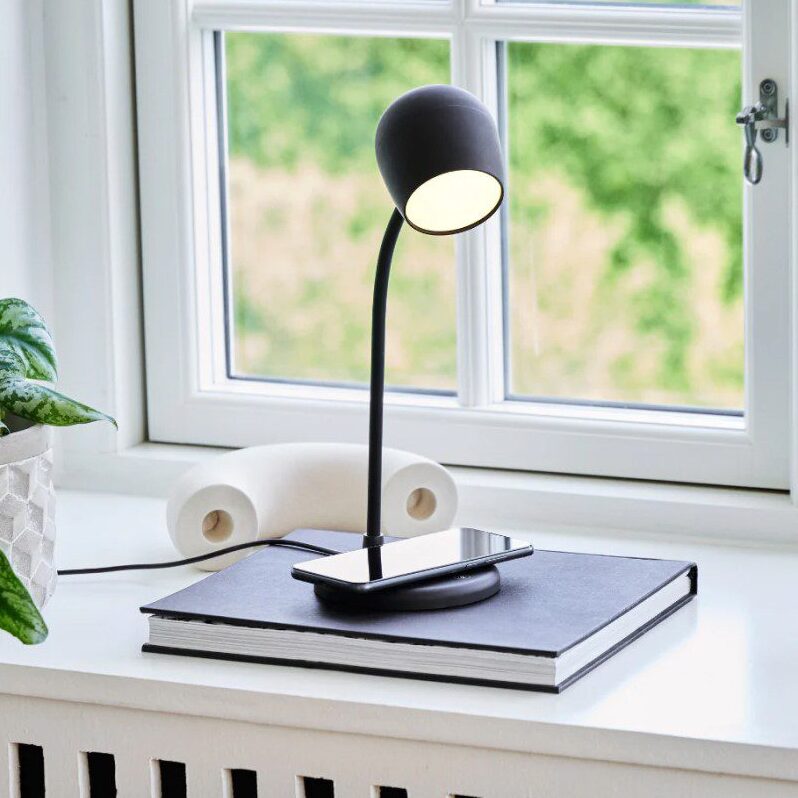 KREAFUNK Ellie Desk Lamp with Built-in Speaker & Wireless Charger - Modern Black LED Light for Home Office, Study, and Bedroom - Perfect for Work, Reading, and Relaxing