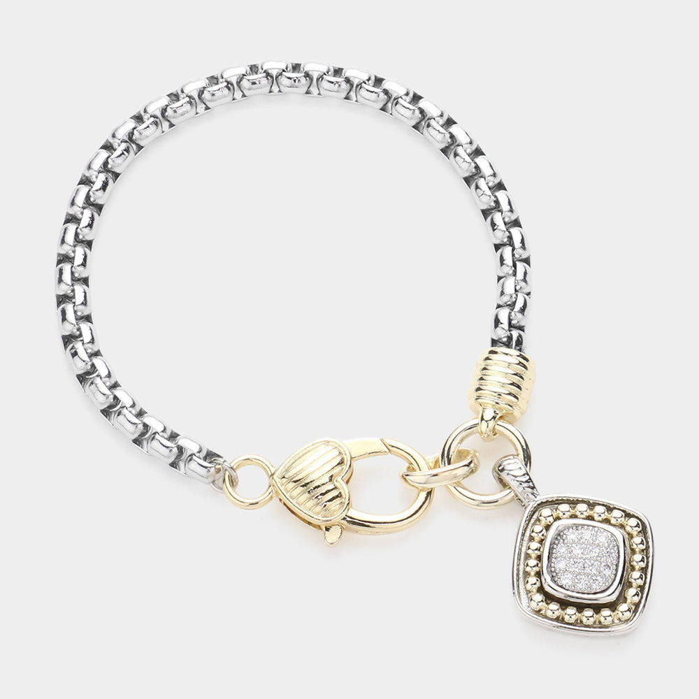 14K Gold Plated CZ Two-Tone Square Charm Bracelet for Women - Elegant Cubic Zirconia Jewelry Gift for Birthday, Anniversary & Special Occasions