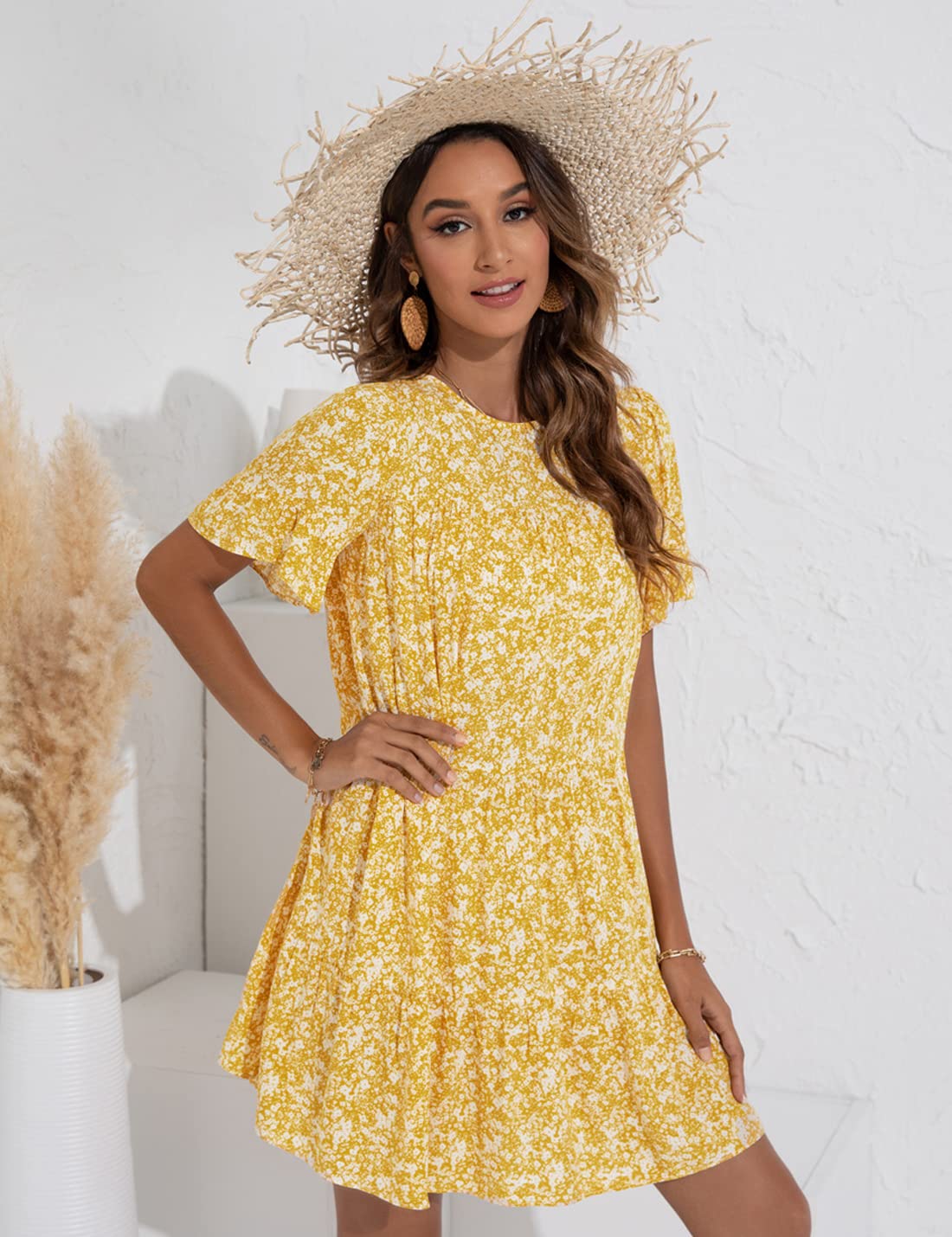 Locachy Women's Floral Printed Pleated Mini Dress with Ruffle Sleeves - Summer Round Neck Casual Dress for Beach, Party & Date Night