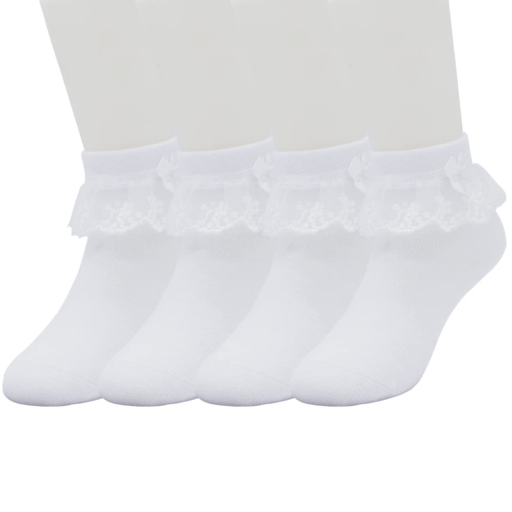 Girls Ruffle Ankle Socks - White Cotton School Socks with Lace Trim & Bows for Kids Ages 3-16 | Cute Everyday Wear for School, Parties & Special Occasions