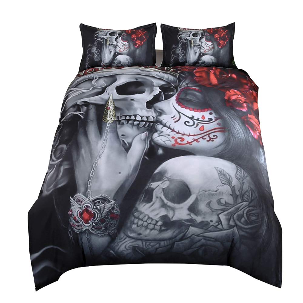 Suncloris 3D Sugar Skull Girl Kissing Skull Duvet Cover Set - Queen Size Bedding with Pillowcases (No Comforter Included) | Gothic Home Decor for Teens & Adults Bedroom