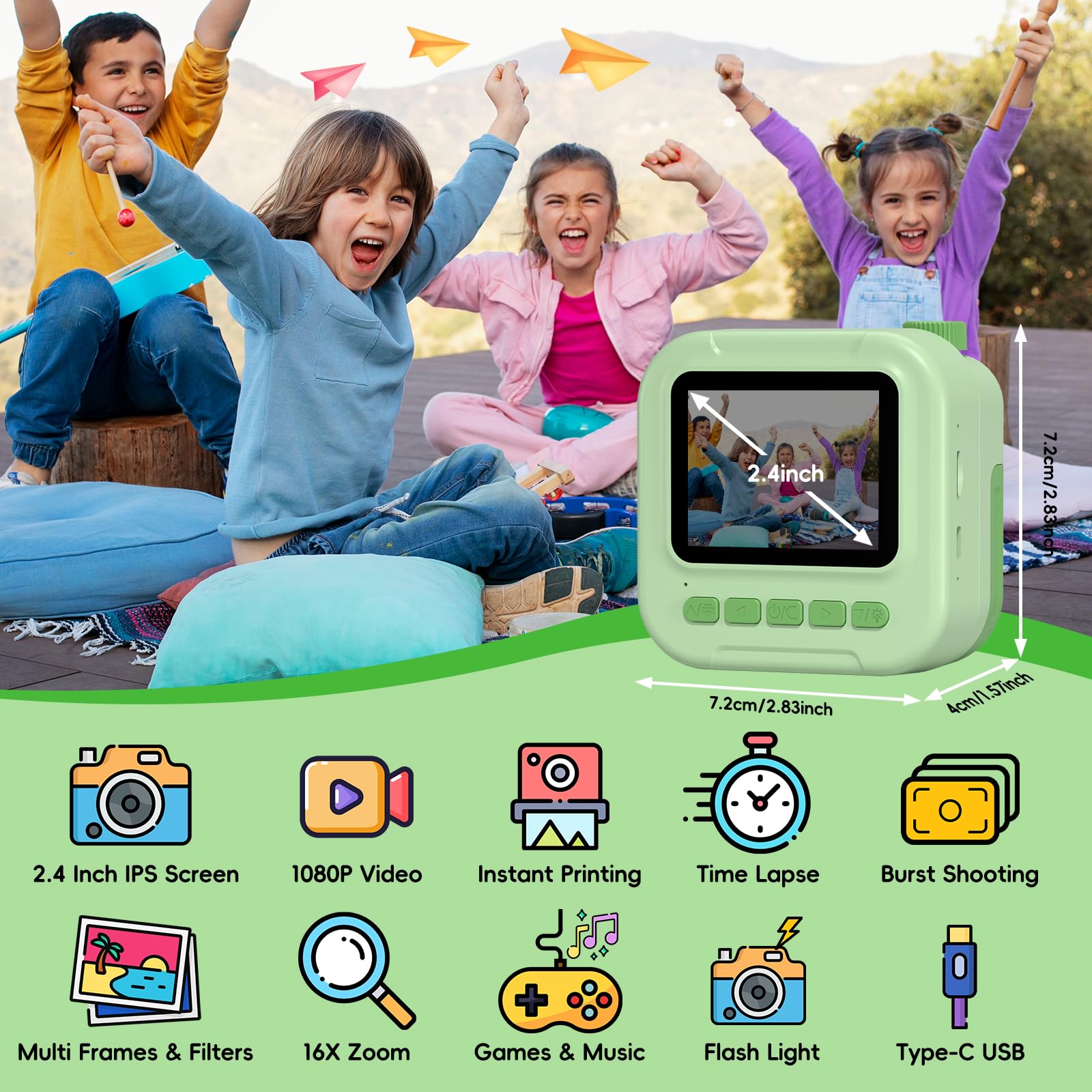 GREENKINDER 1080P HD 2.4 Inch Kids Instant Digital Camera with 32GB Memory Card, Print & Draw Kit - Best Birthday Gift for Boys & Girls Ages 3-12 - Perfect for Parties, Travel & Creative Learning